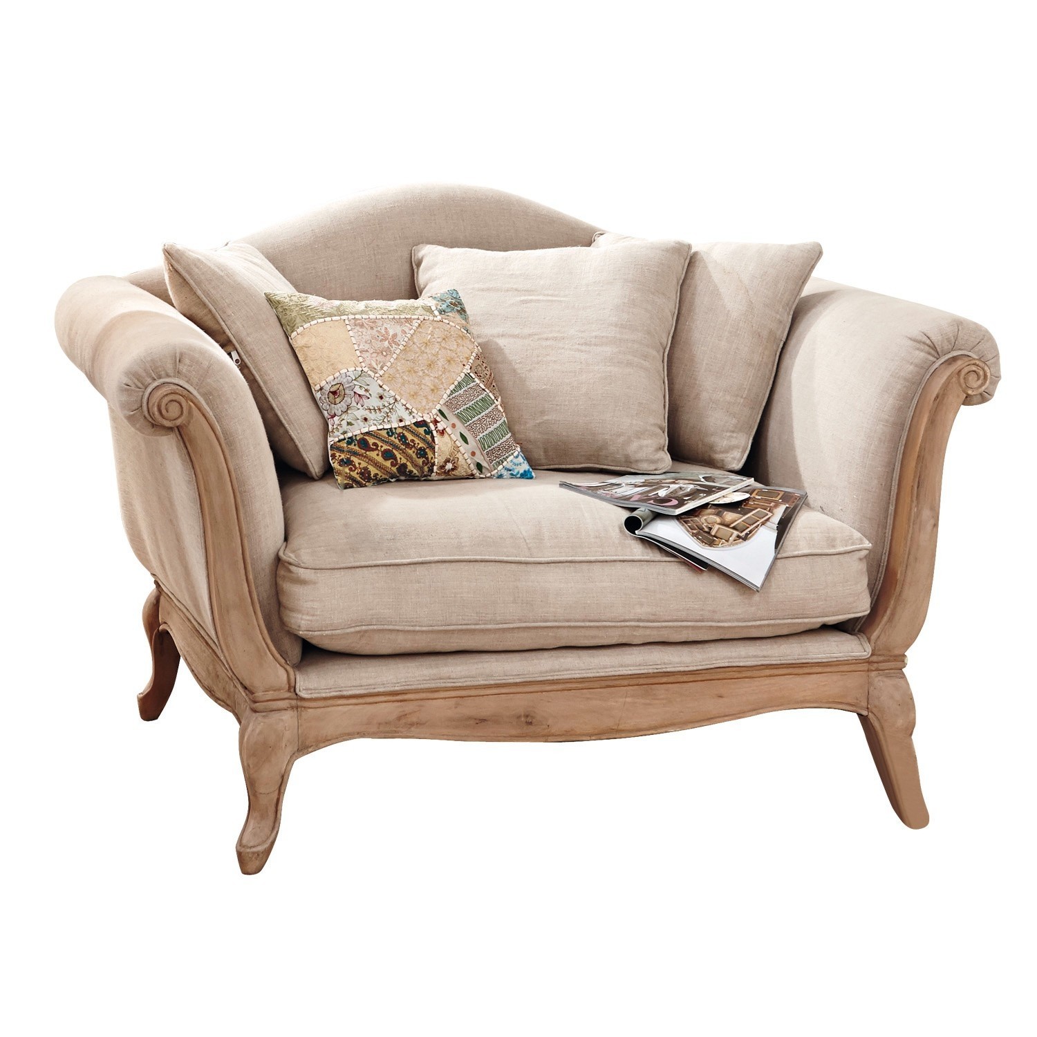 Poltrona Sumerset Divano beige con struttura in legno e cuscini morbidi, stile vintage per soggiorno