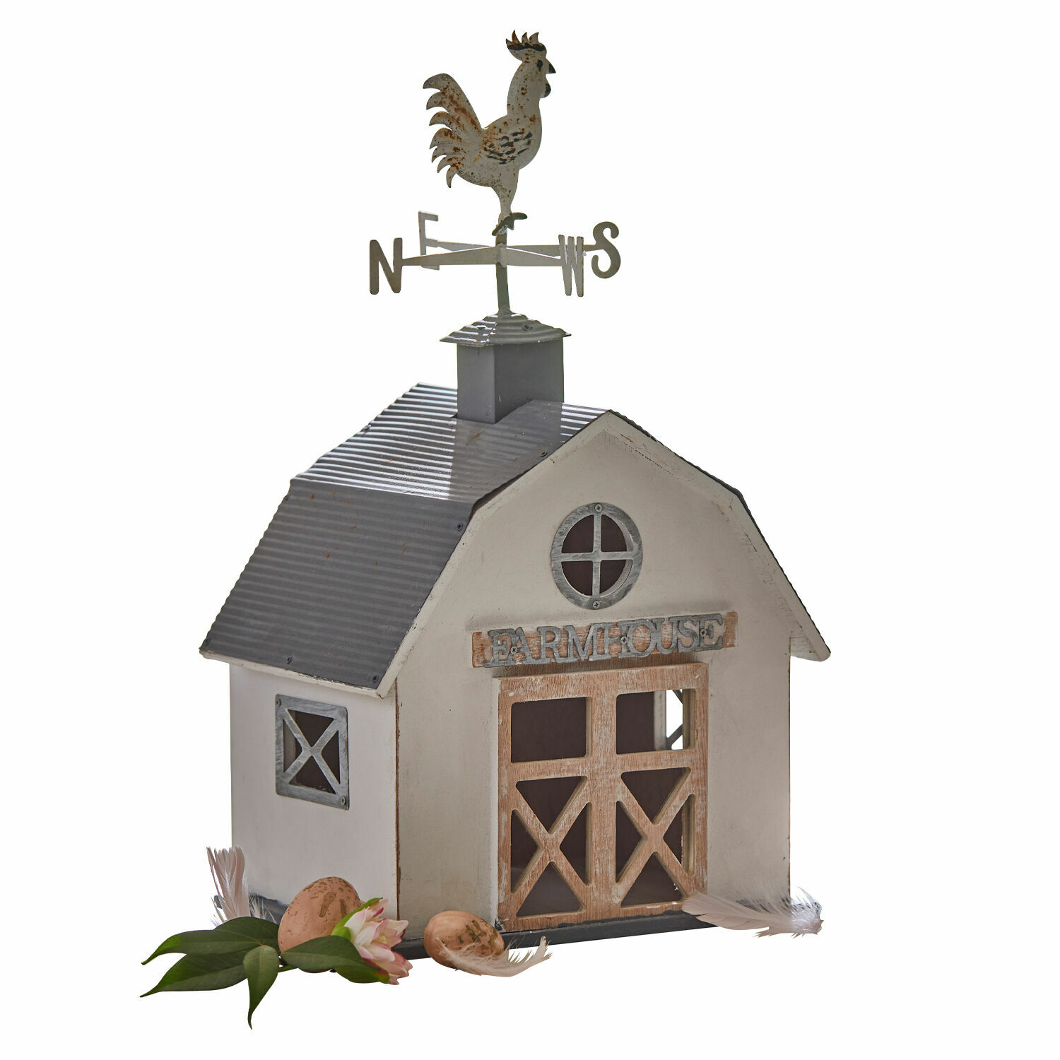 Casetta decorativa Beaujeau Casetta decorativa in metallo stile fattoria con gallo sul tetto, grigia e bianca, decorazione casa