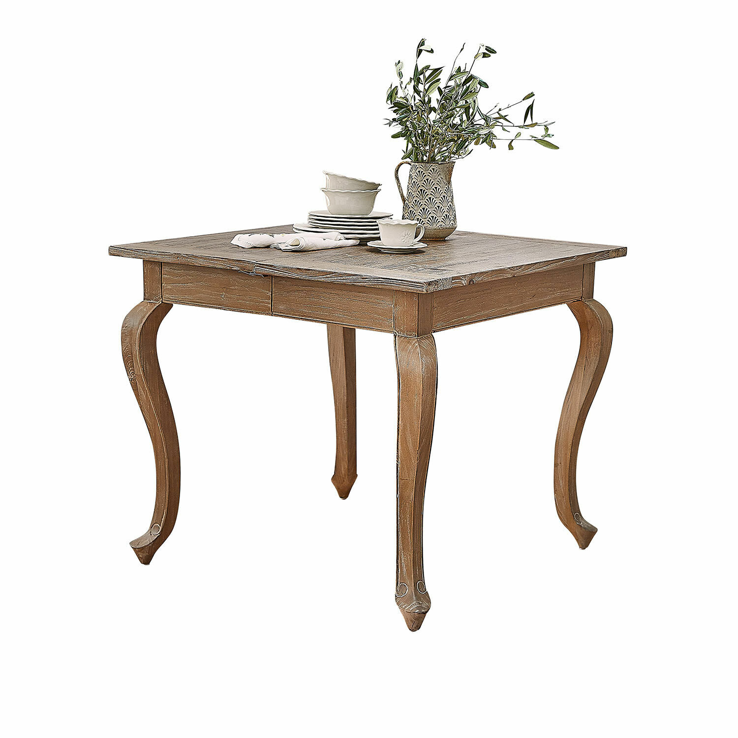 Tavolo Plaish Tavolo quadrato in legno con gambe decorate e stoviglie in ceramica colore naturale