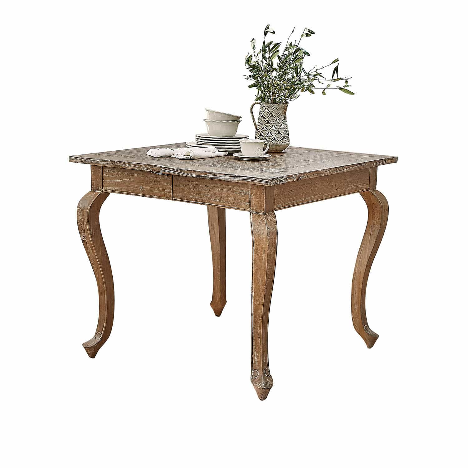 Tavolo Plaish Tavolo quadrato in legno con gambe decorate e stoviglie in ceramica colore naturale