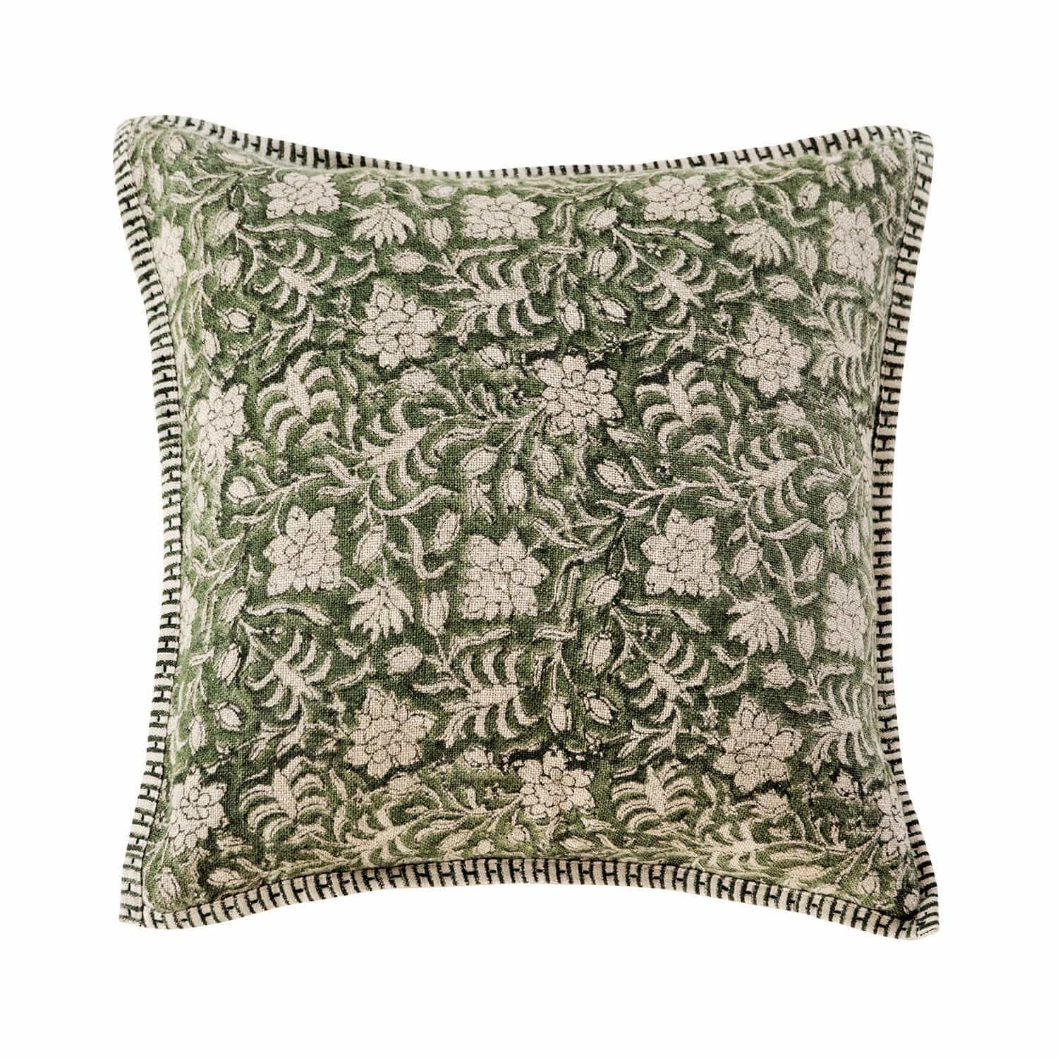 Copricuscino Petitmagny Cuscino decorativo verde in cotone con motivo floreale e bordo decorativo per soggiorno