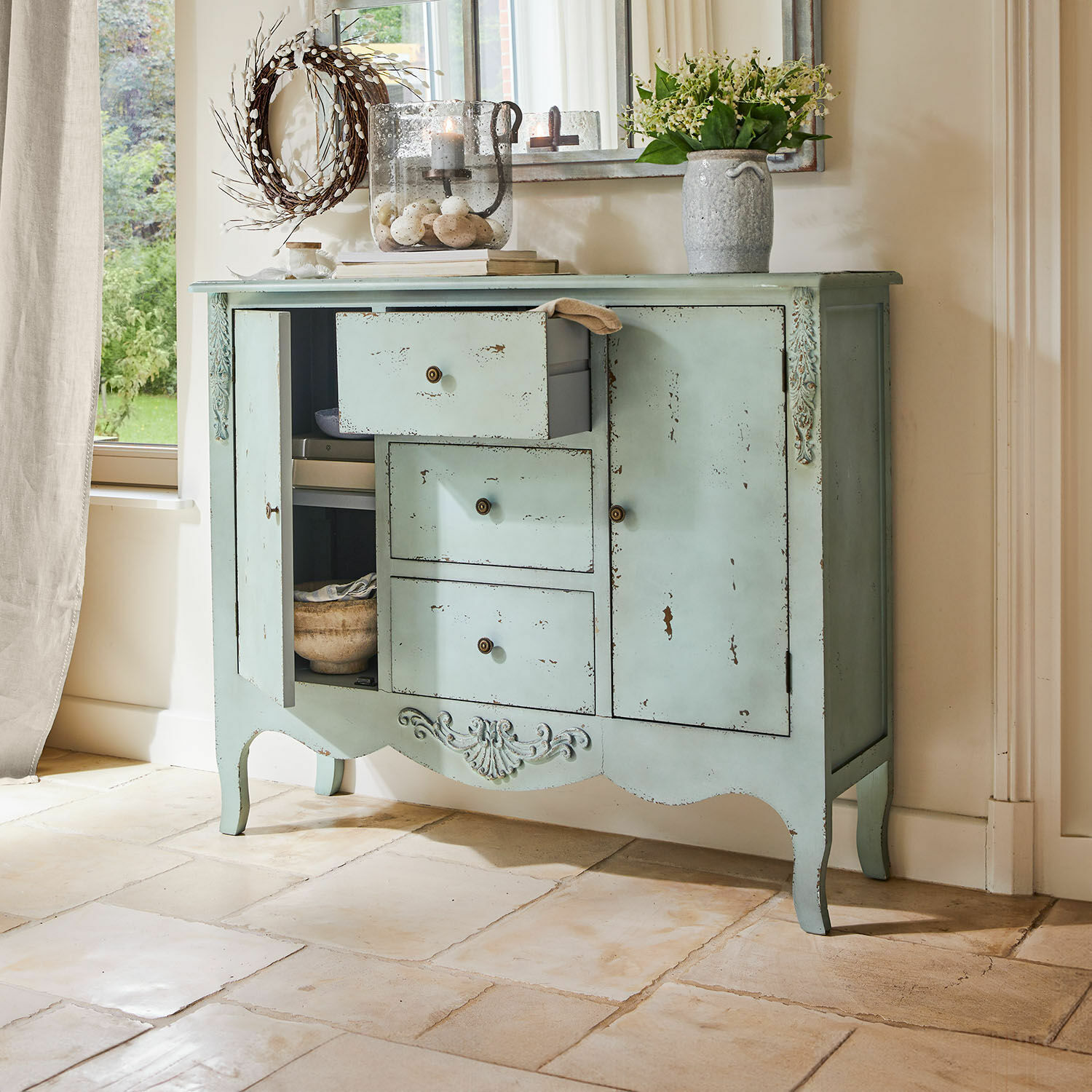 Comò Thalorian Credenza in legno verde menta con tre cassetti e due ante in stile vintage per soggiorno