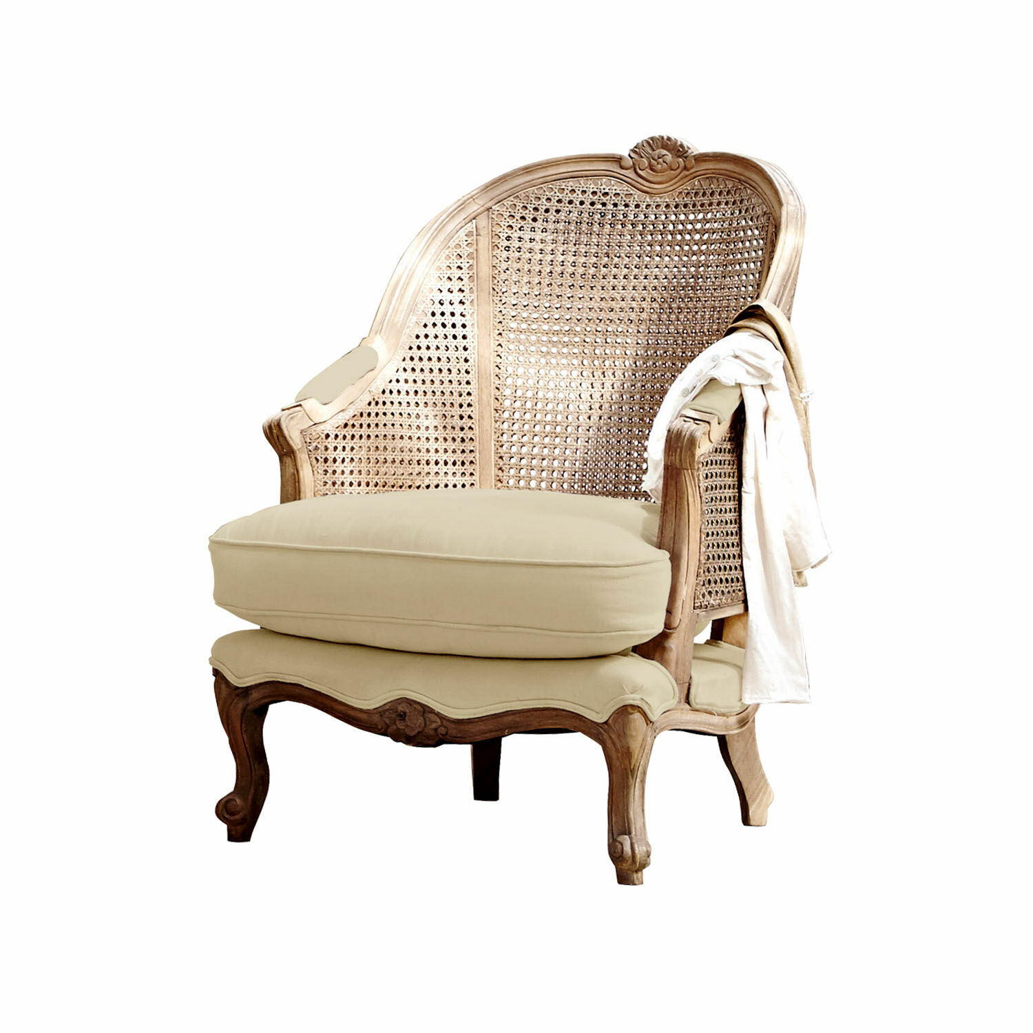 Poltrona Drambon Poltrona classica in legno con cuscino beige, colore naturale, stile vintage per soggiorno
