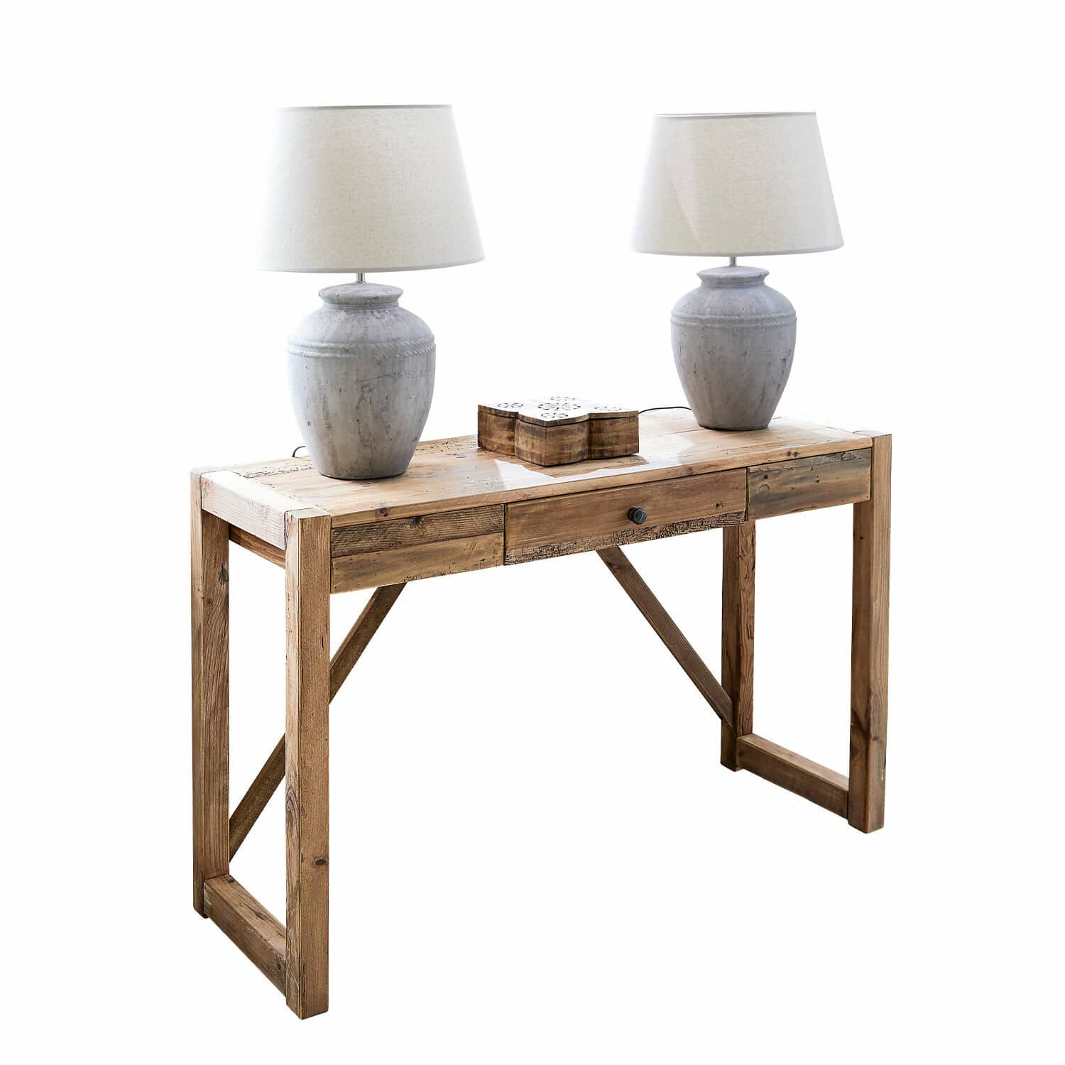 Consolle Contoire Scrivania in legno naturale con cassetto e due lampade da tavolo grigie sopra