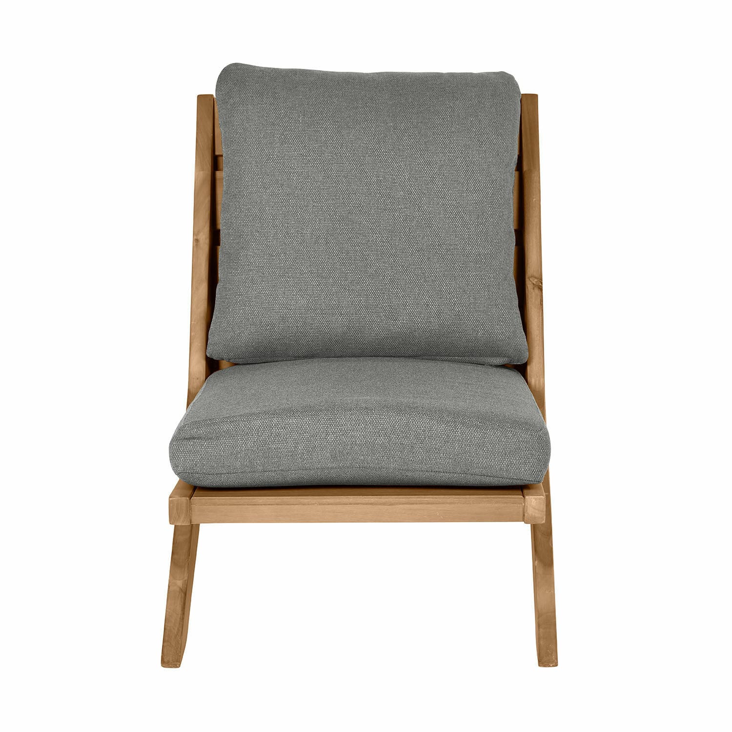 Sedia a sdraio FSC®-100% Montivaux Poltrona con struttura in legno e cuscini grigi in tessuto, mobile moderno per soggiorno