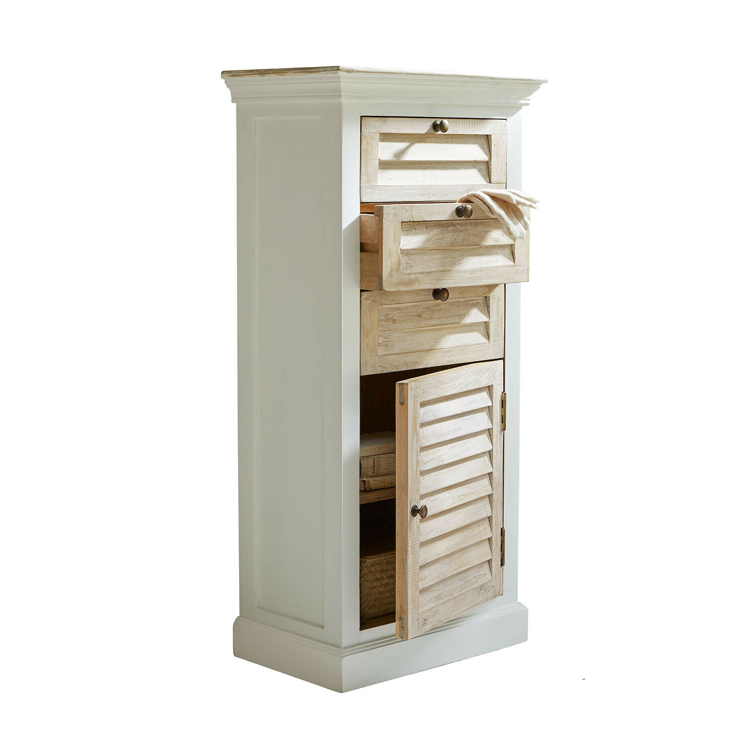 Cassettiera Nivorel Comò bianco in legno con cassetti e porta a persiana in legno chiaro, mobile contenitore elegante