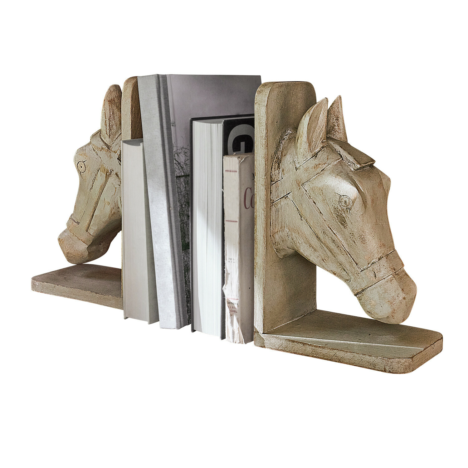 Coppia di fermalibri Caravena Coppia di fermalibri in legno beige con teste di cavallo scolpite, decorativi e funzionali