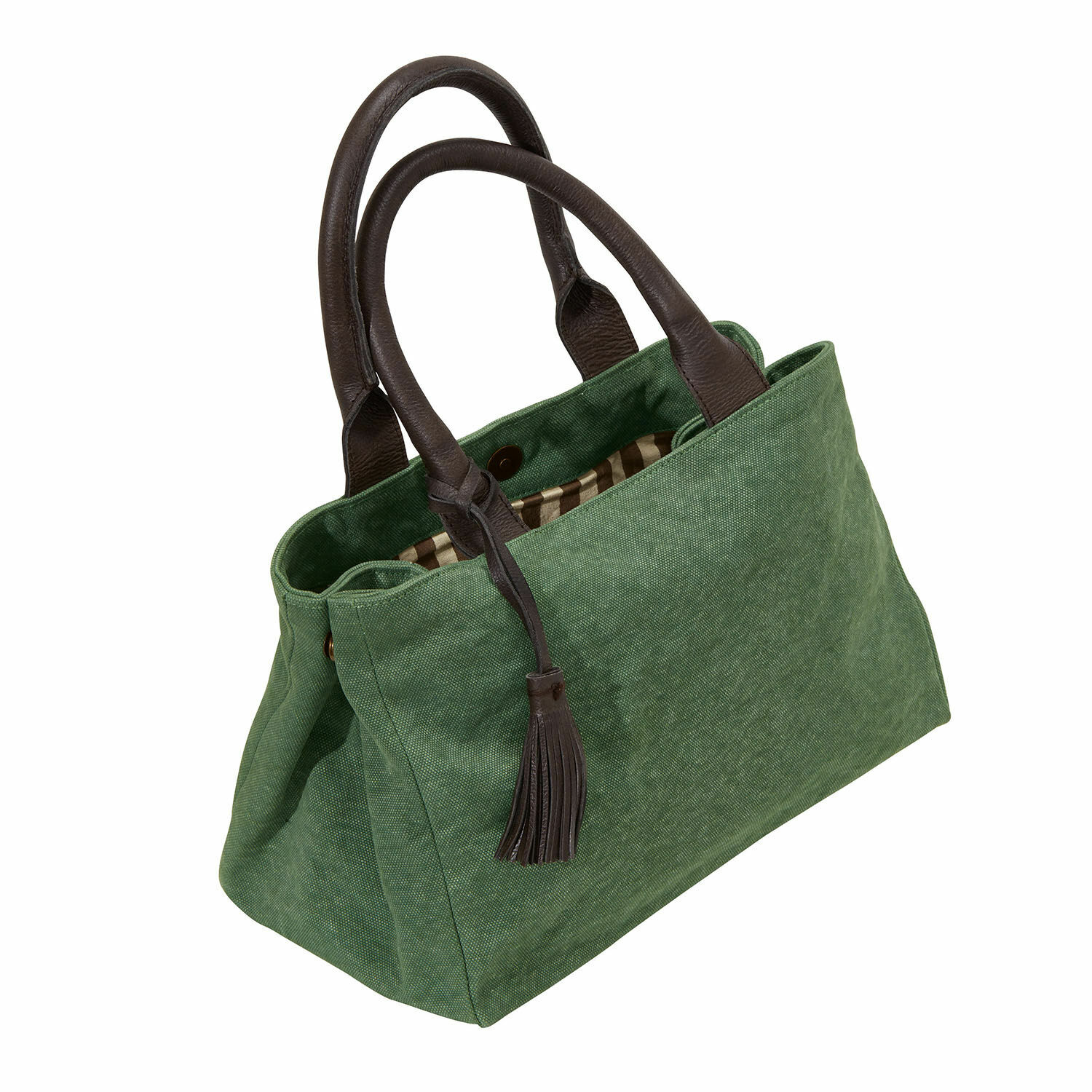 verde Borsa Hoya verde in tessuto con manici in pelle marrone e nappina, borsa pratica per uso quotidiano