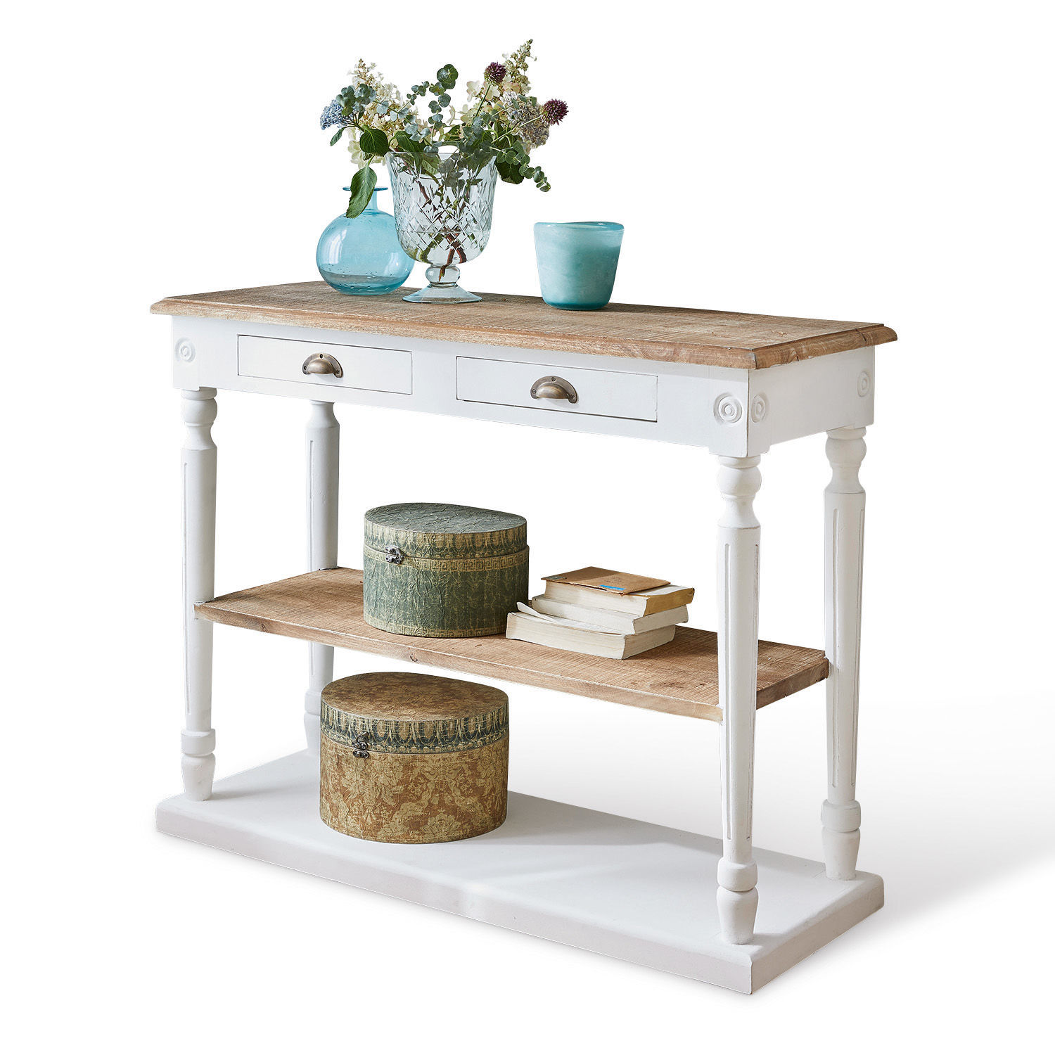 Consolle Helsinquia Consolle bianca con piano in legno, due cassetti e ripiani, stile decorativo rustico