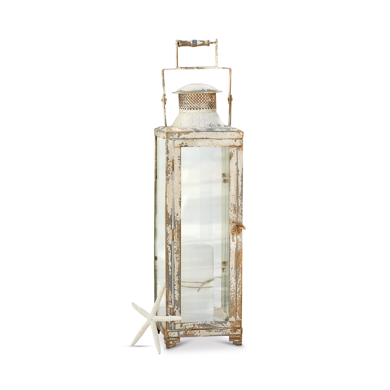 Lanterna Isodore Lanterna in metallo bianco effetto vintage con pannelli in vetro, decorazione per interni ed esterni