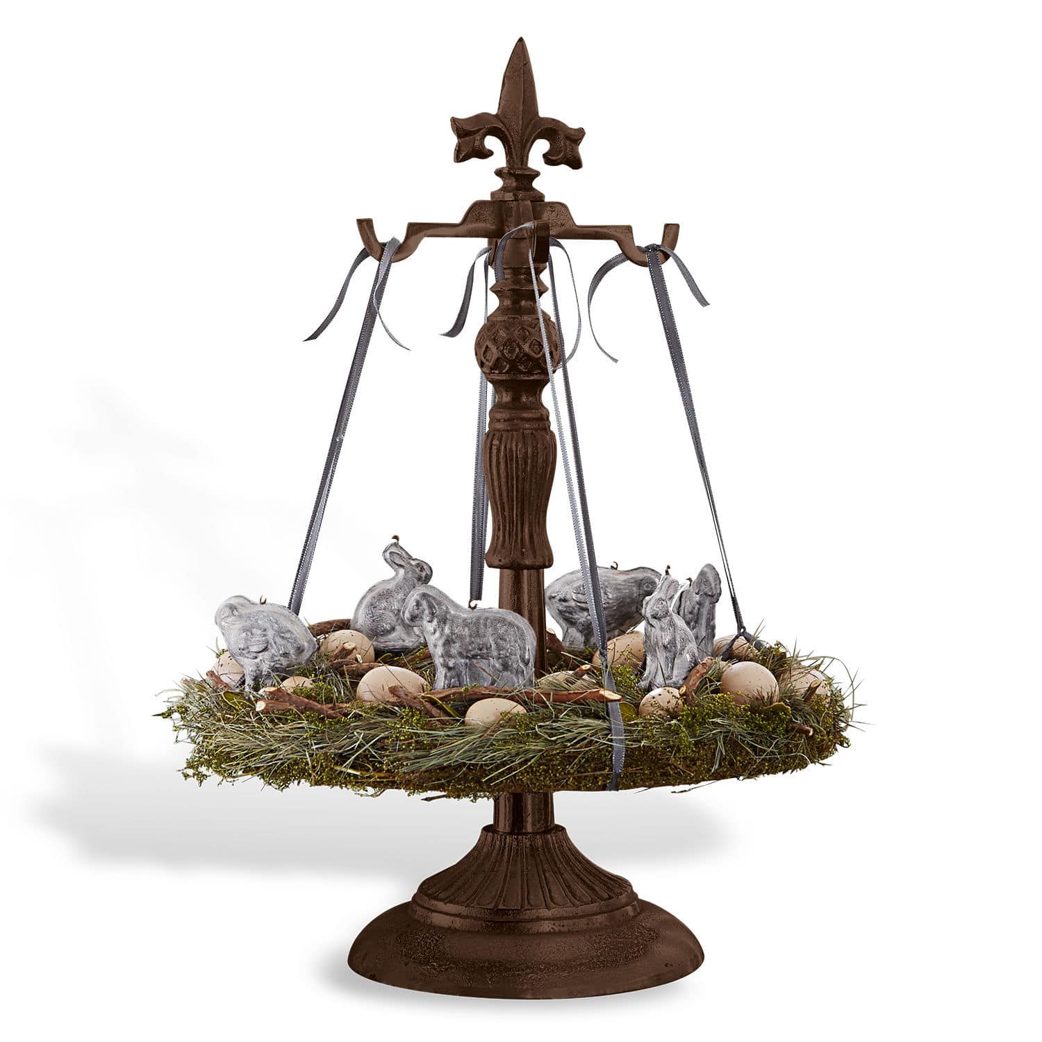 Supporto per ghirlanda natalizia Antwan Supporto decorativo in metallo marrone con decorazione verde sospesa con conigli e uova di Pasqua