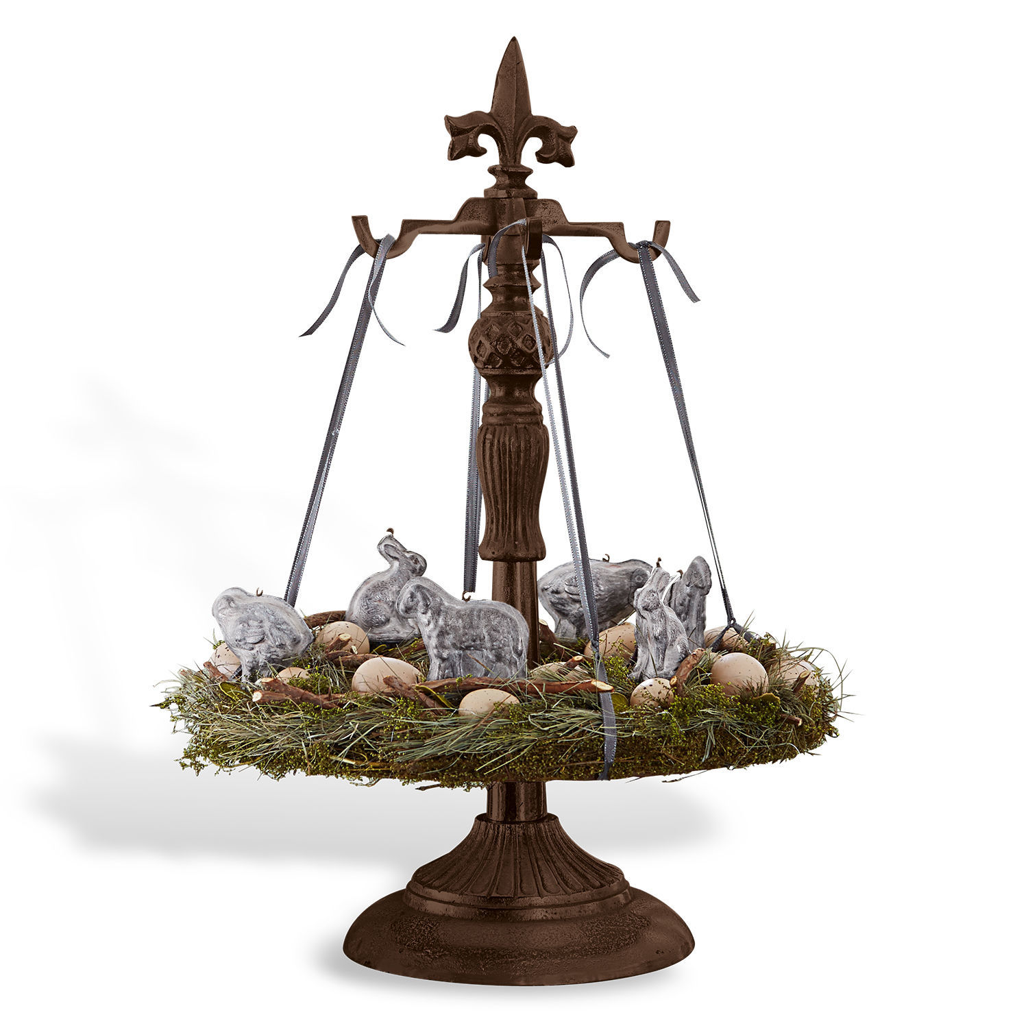Supporto per ghirlanda natalizia Antwan Supporto decorativo in metallo marrone con decorazione verde sospesa con conigli e uova di Pasqua