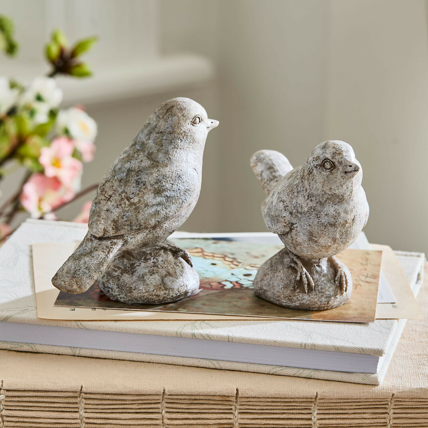 Coppia di uccellini decorativi Corviano Due statuette di uccelli in pietra grigia su libri, decorazione elegante per interni