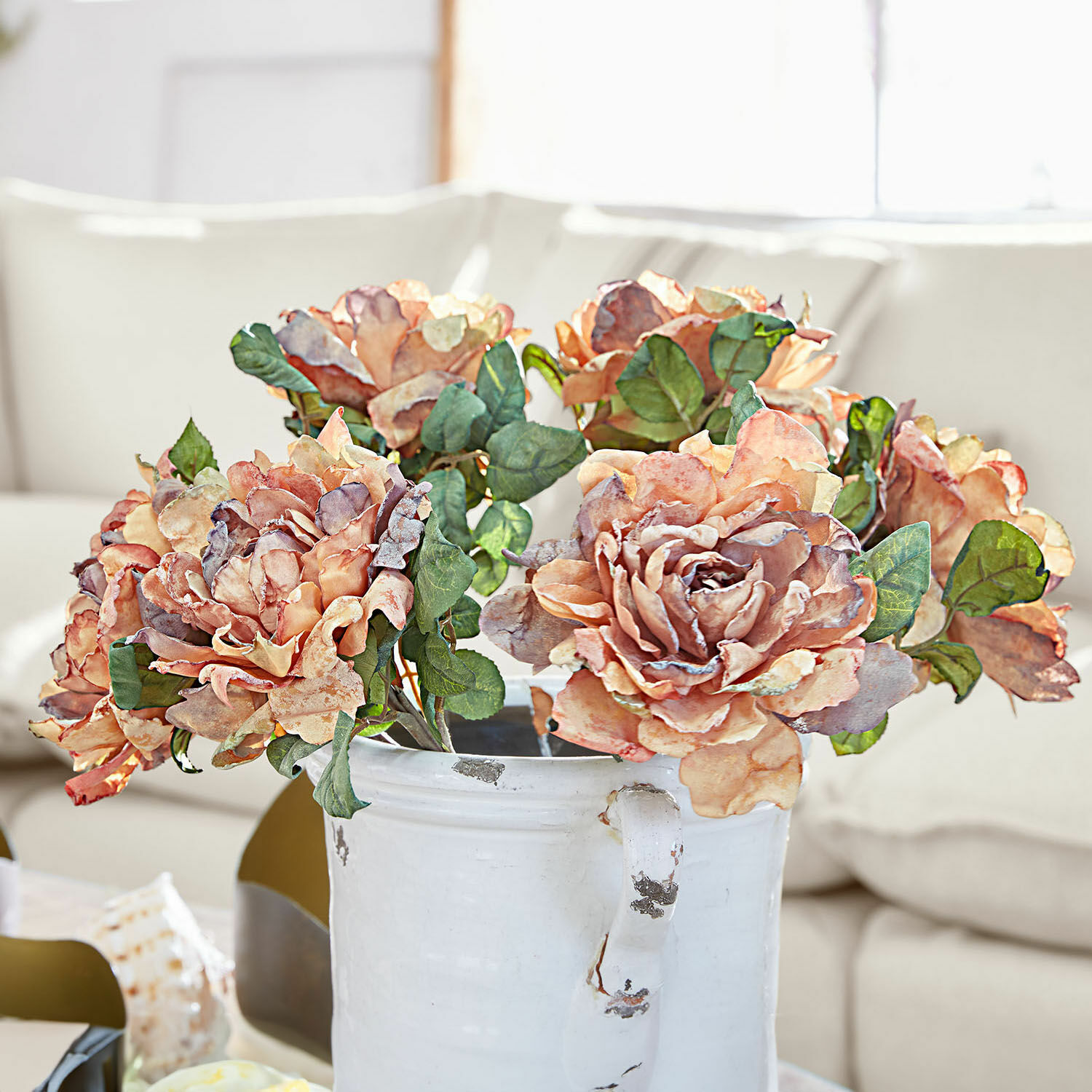 Set di 6 fiori decorativi Mervix Mazzo di rose artificiali pesca e viola in vaso di ceramica bianca per decorazione d'interni