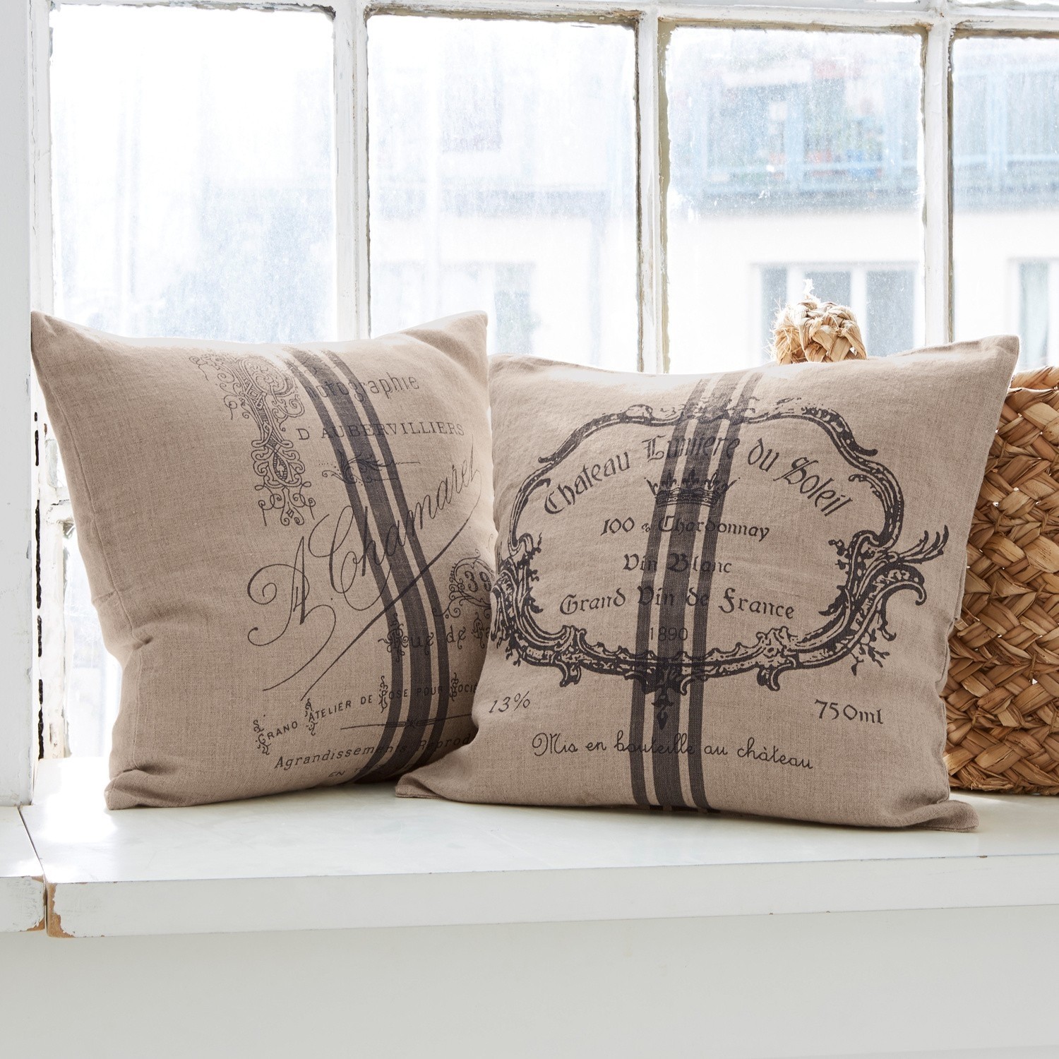 Coppia di fodere Jourdain Cuscini decorativi in lino beige con stampa vintage nera e righe sul davanzale