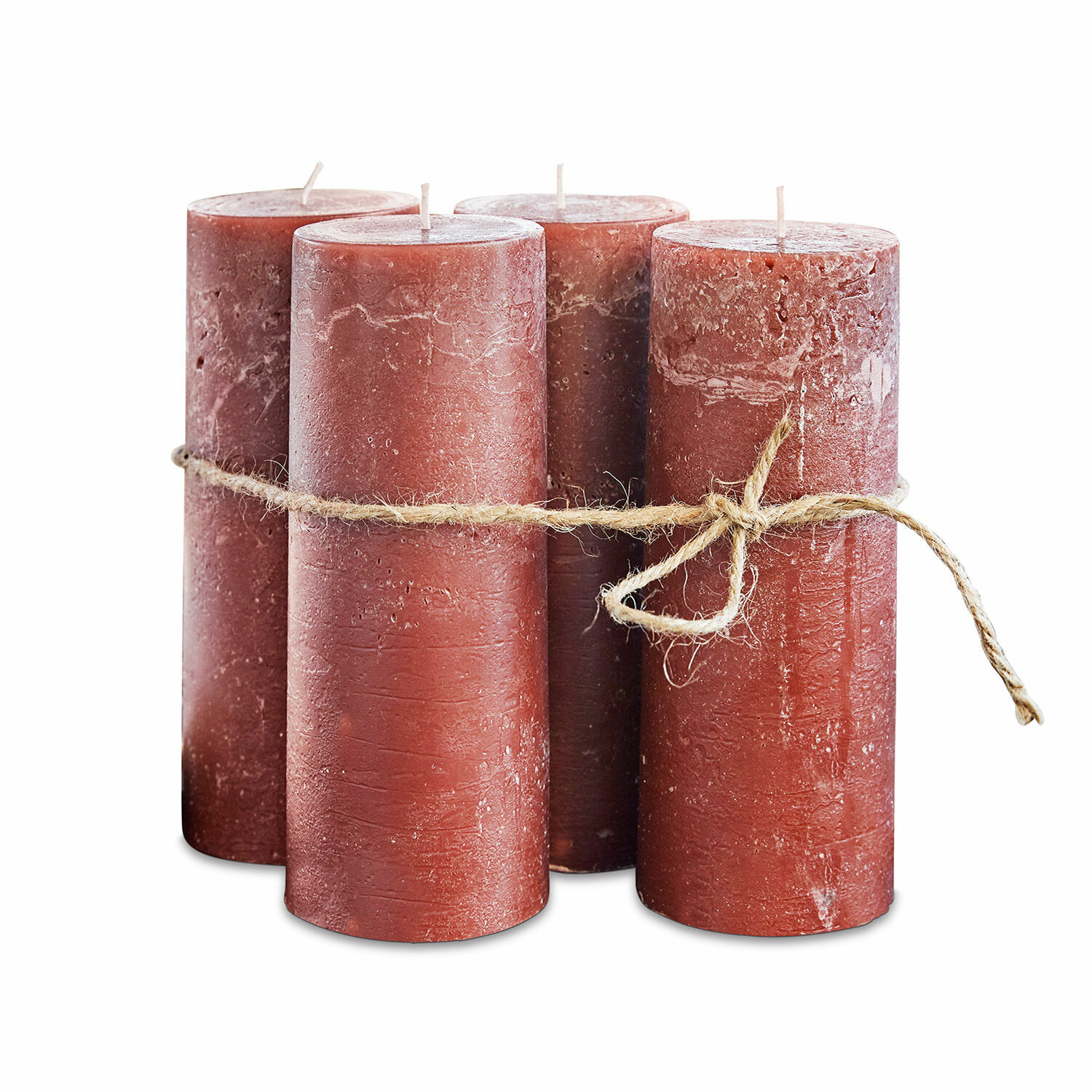 Set di 4 candele Homel Set di quattro candele rosse rustiche in cera con corda decorativa naturale