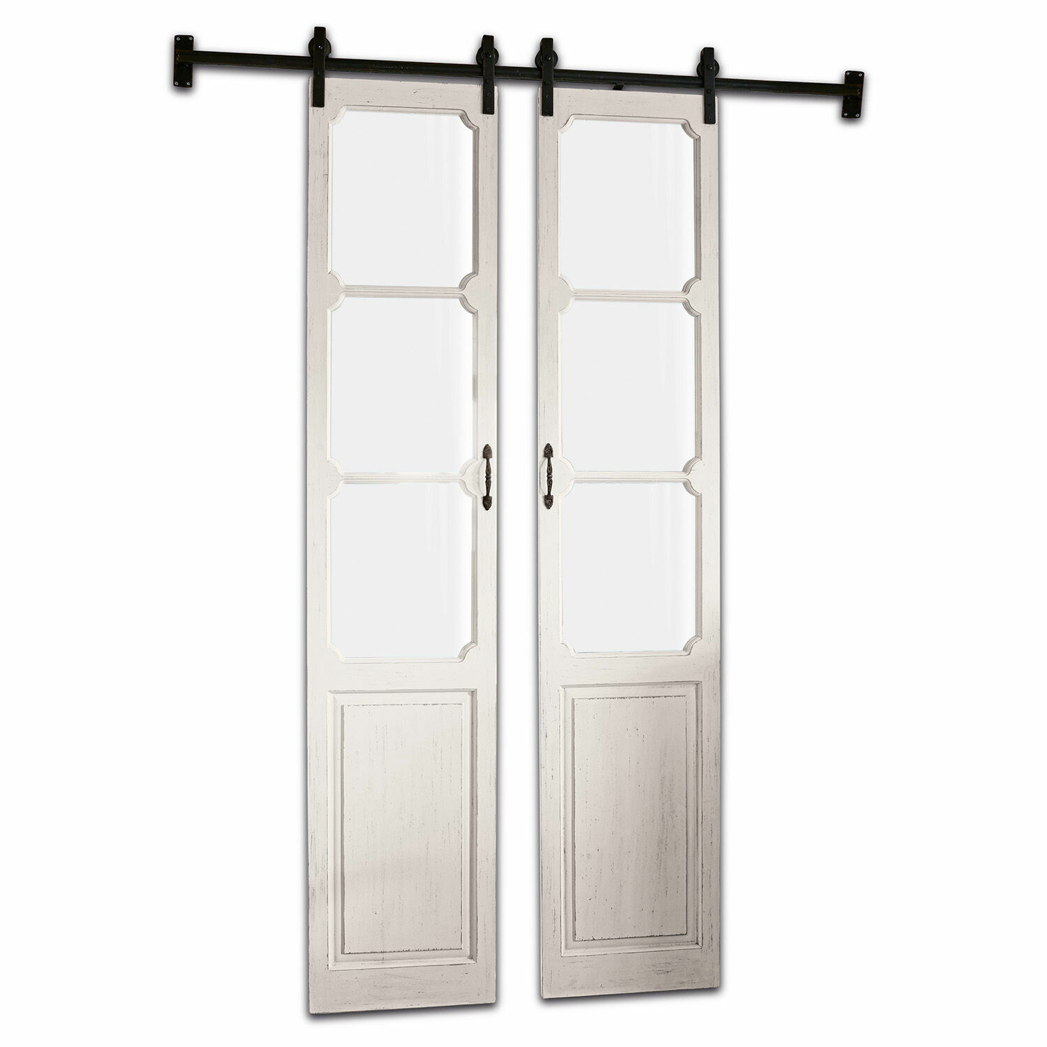 bianco antico Porta scorrevole doppia Tibout in legno bianco antico con pannelli in vetro per interni