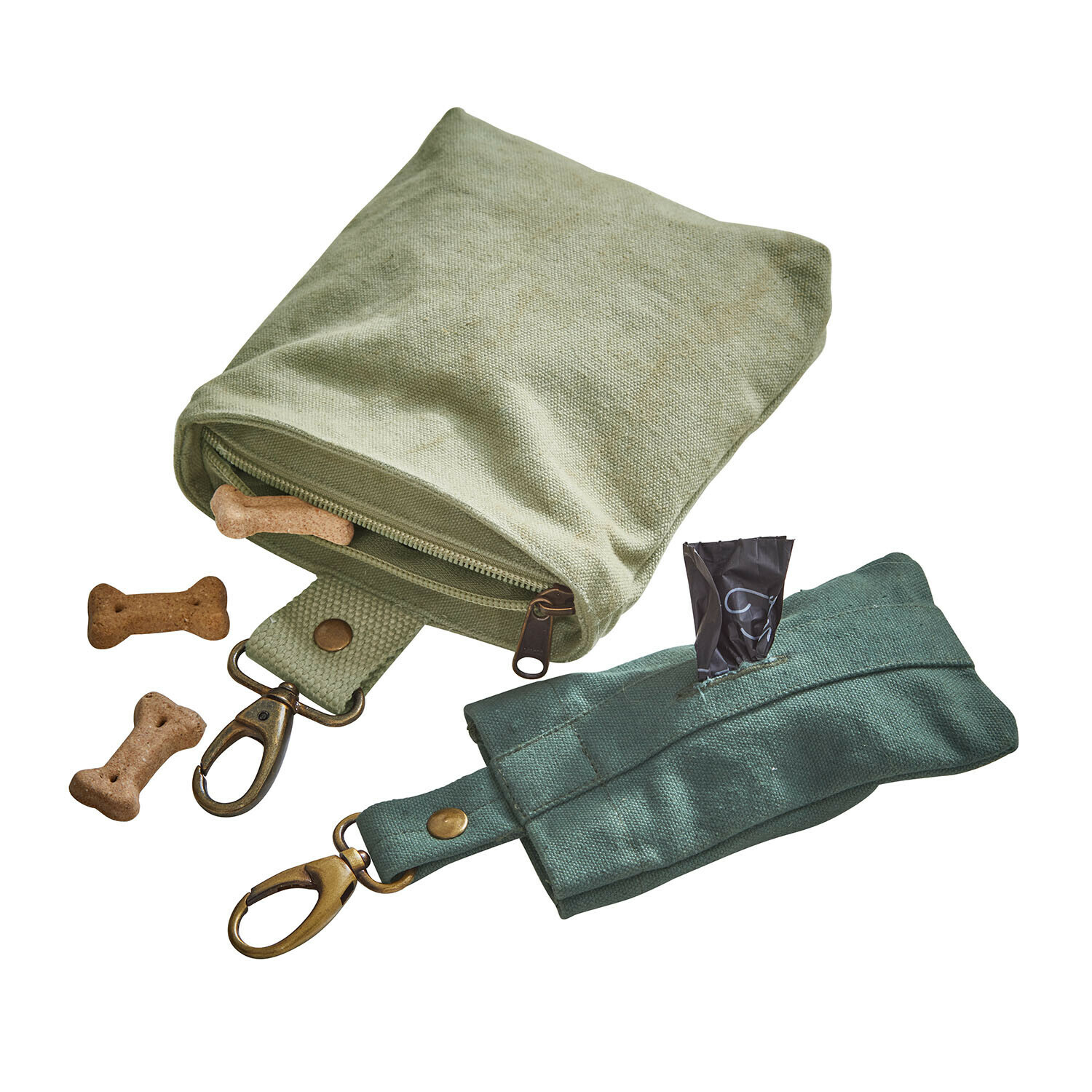 Coppia di bustine per animali Lunapet Borsa in cotone verde e oliva per snack per cani con moschettoni e biscotti
