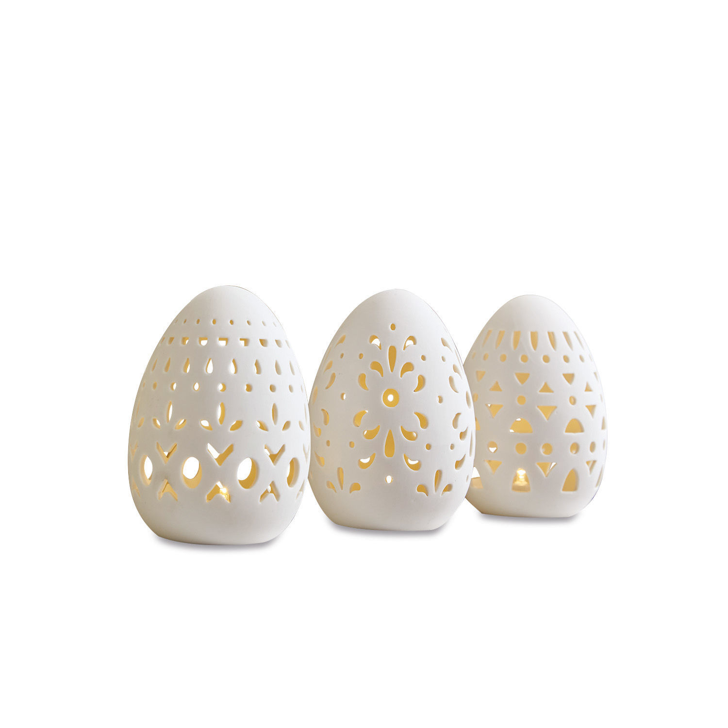 Set di 3 uova di Pasqua Mouna Tre lanterne in ceramica bianca a forma di uovo con motivi traforati e luce LED calda