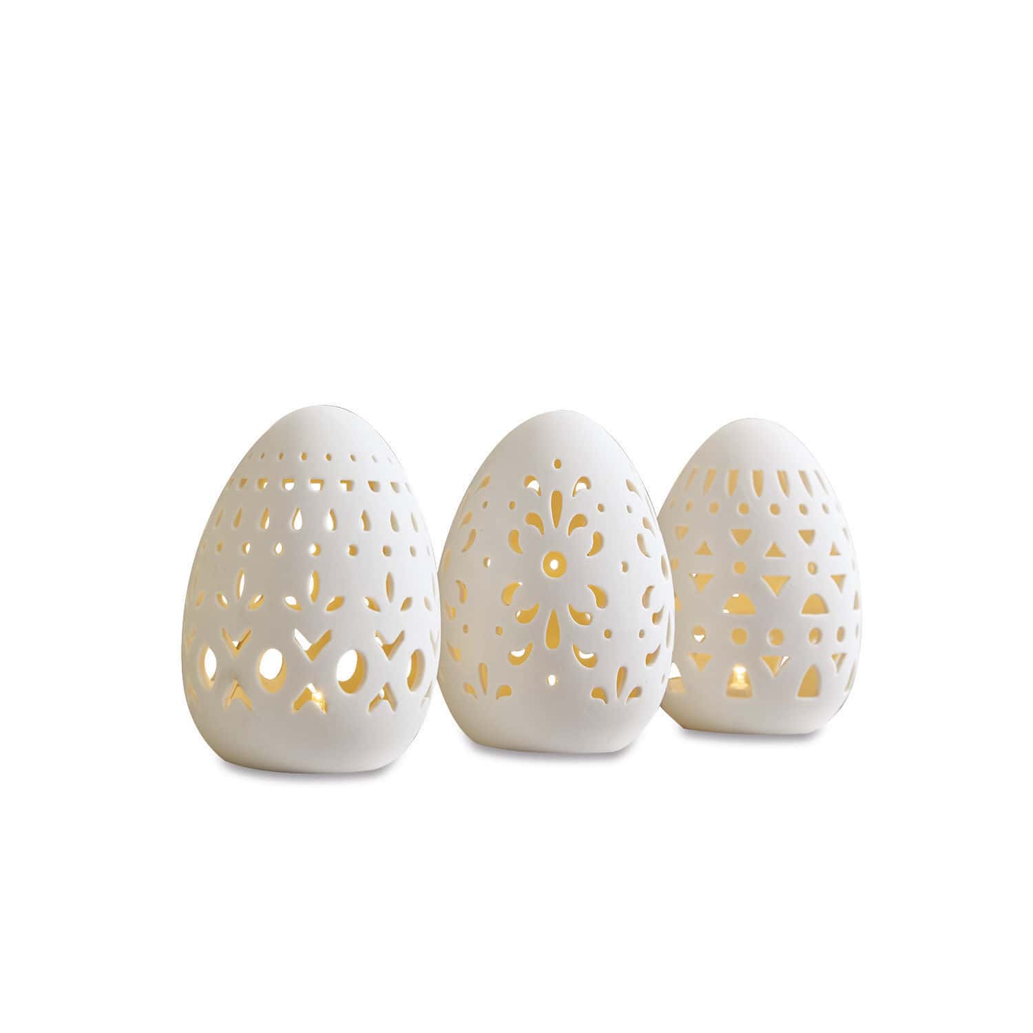 Set di 3 uova di Pasqua Mouna Tre lanterne in ceramica bianca a forma di uovo con motivi traforati e luce LED calda