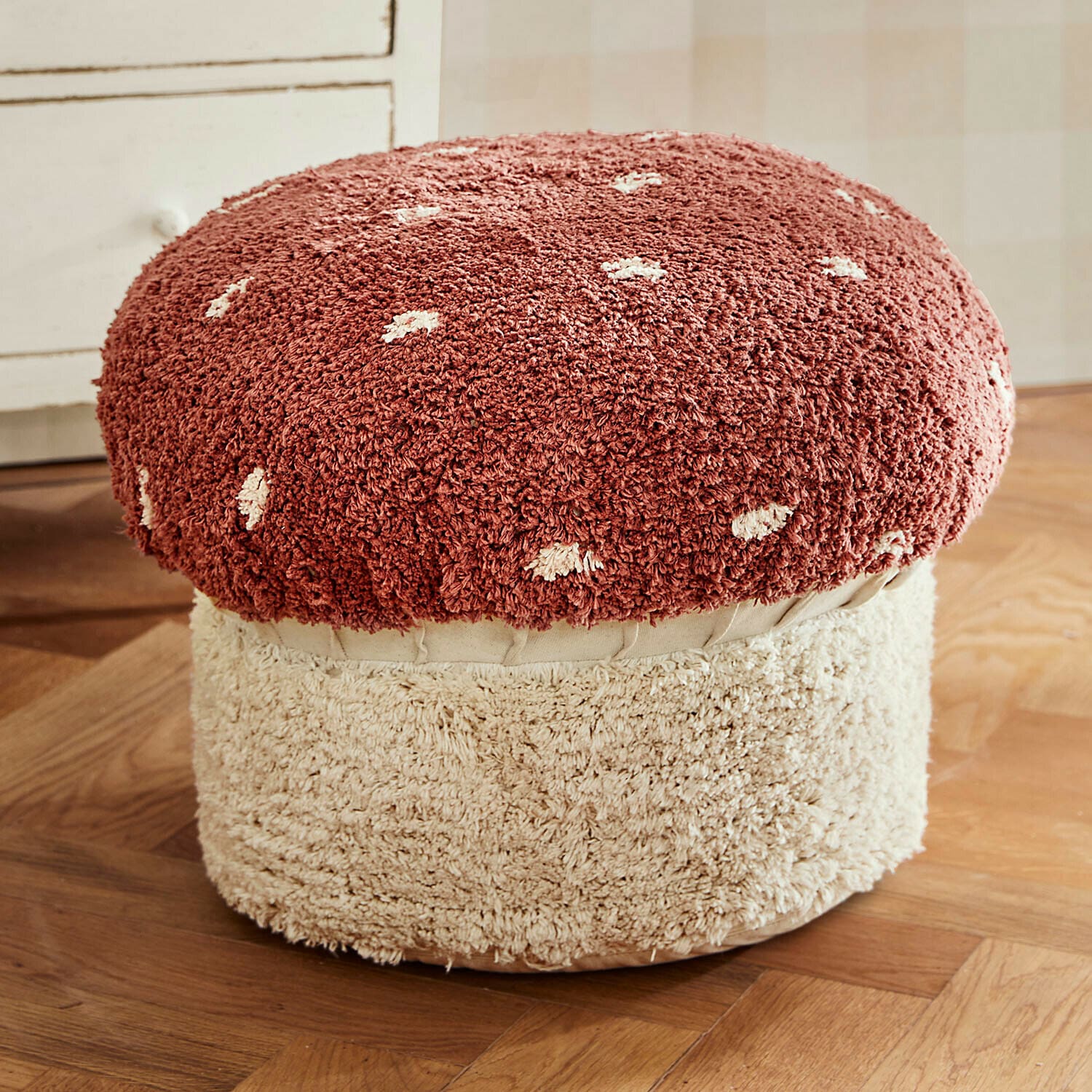 Pouf Norilie Pouf a forma di fungo in materiale morbido rosso e crema, mobile decorativo per soggiorno