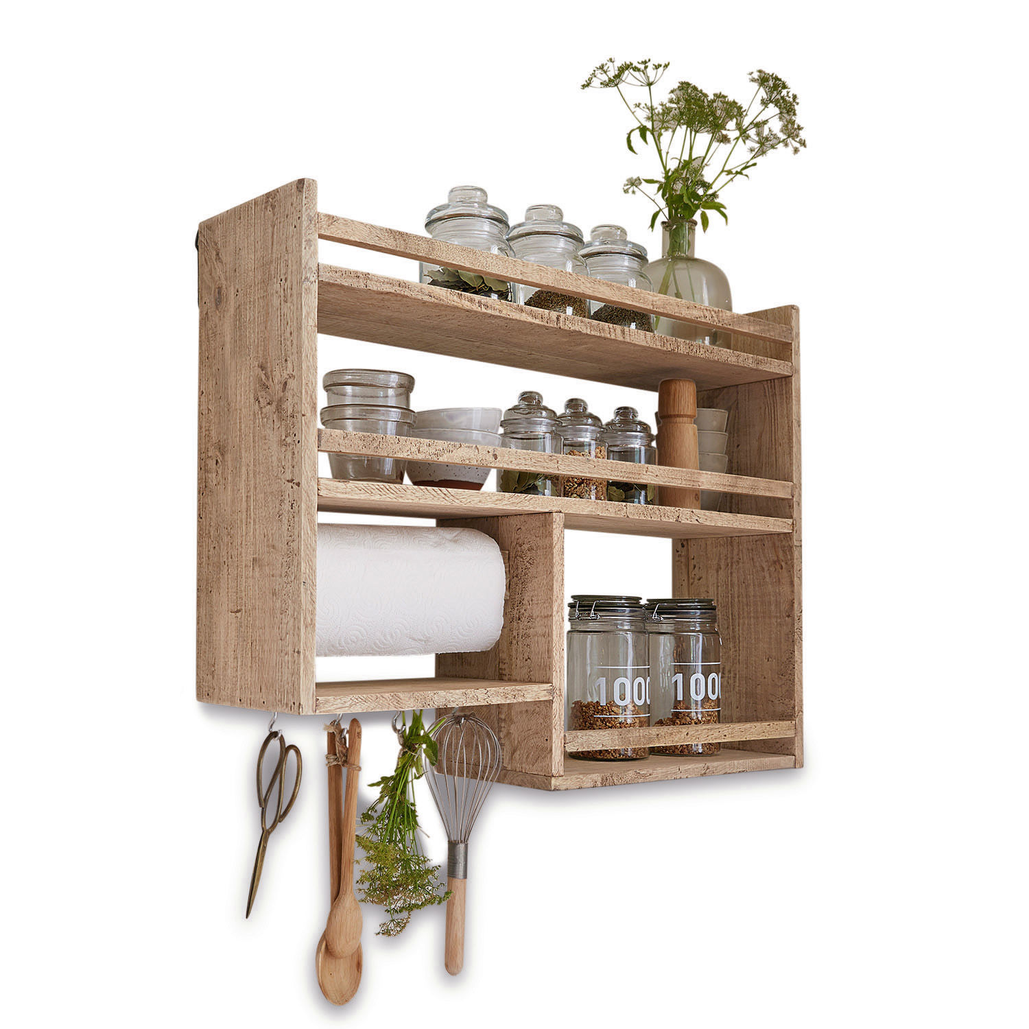 Portaspezie da parete Loré Mensola da cucina in legno con porta rotolo e barattoli di vetro per spezie