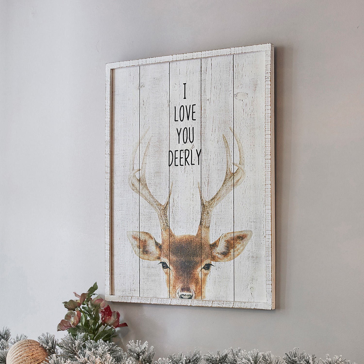 Stampa su legno Savona Quadro in legno con cervo e scritta I love you deerly in colori naturali per decorazione da parete