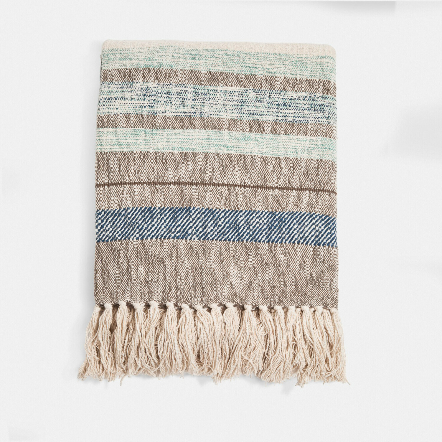 Plaid Maresas Plaid in cotone a righe beige, blu e verde con frange, morbido e decorativo per la casa