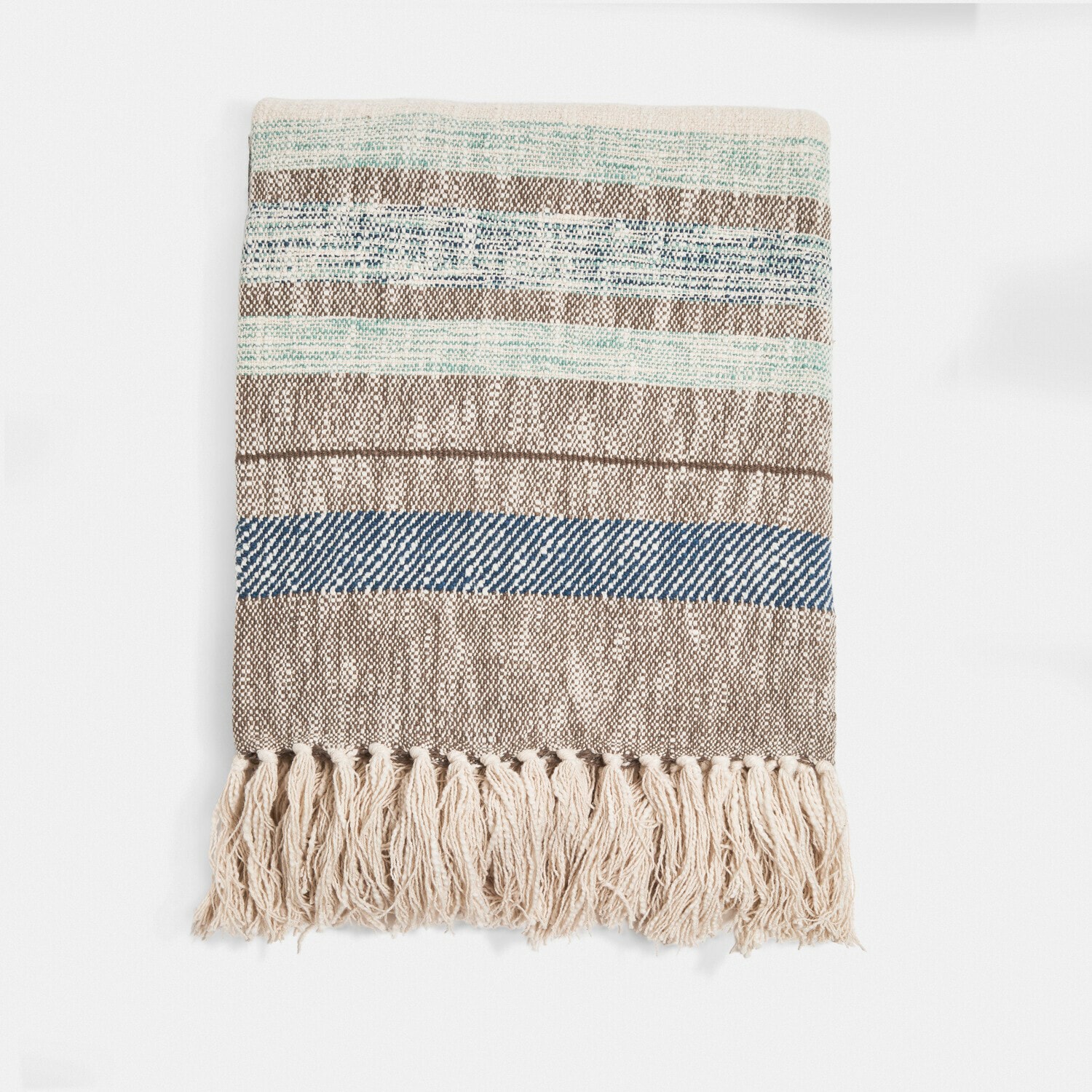 Plaid Maresas Plaid in cotone a righe beige, blu e verde con frange, morbido e decorativo per la casa