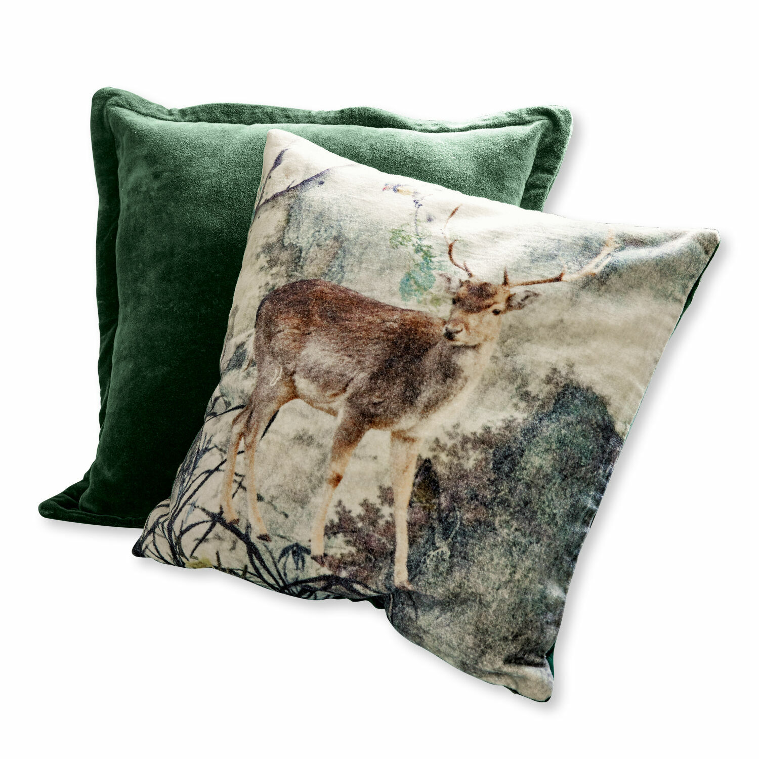 Coppia di copricuscini Anie Set di due cuscini decorativi, uno verde in velluto e uno con stampa di cervo naturale