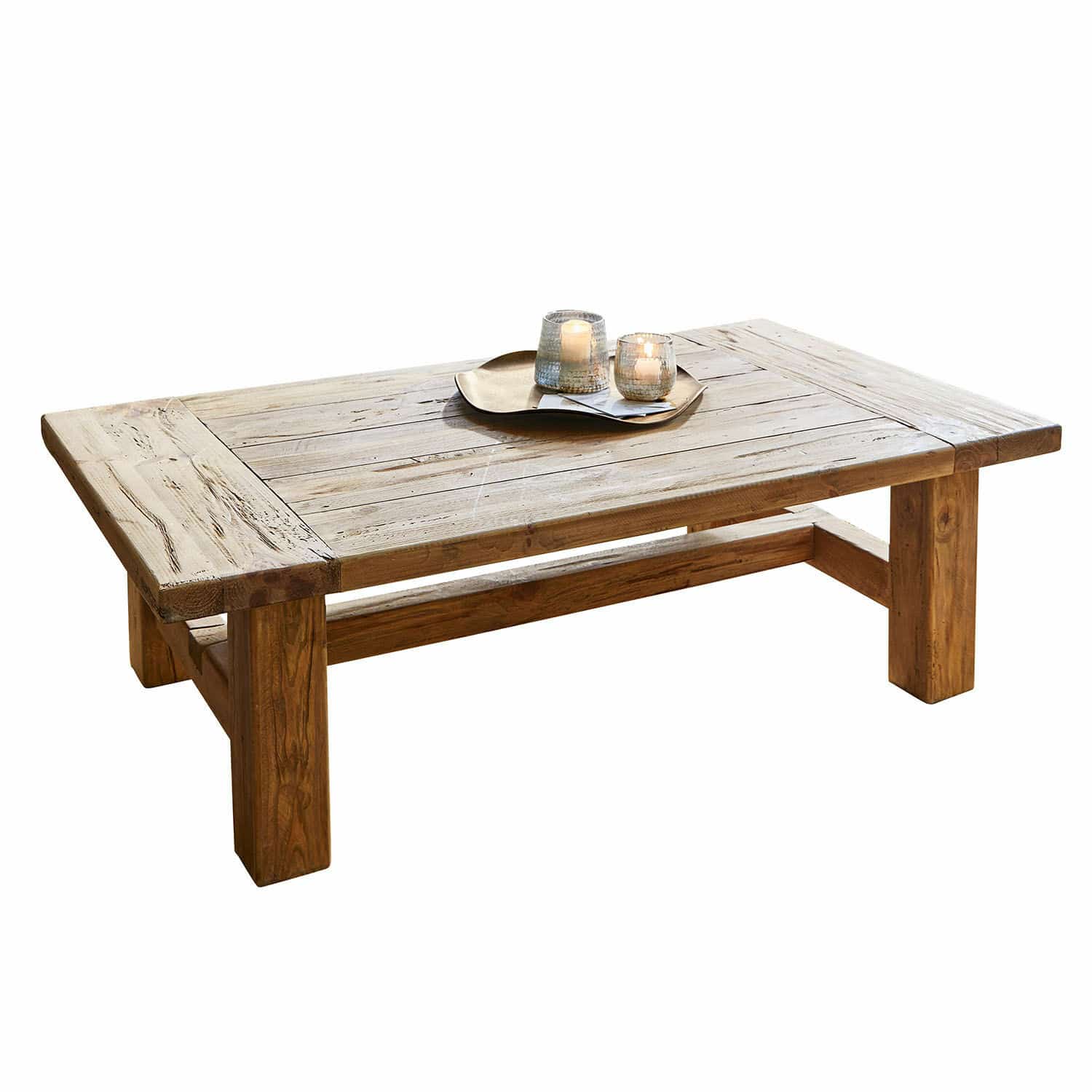 Tavolino da salotto Oteley Tavolino in legno di teak naturale con vassoio decorativo e candele accese
