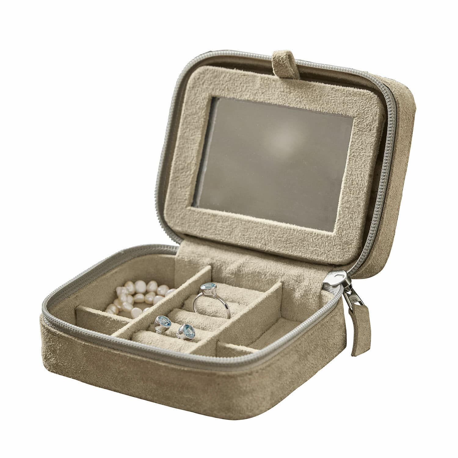 Portagioie Angelique Portagioie beige in camoscio con specchio e scomparti per anelli e braccialetti