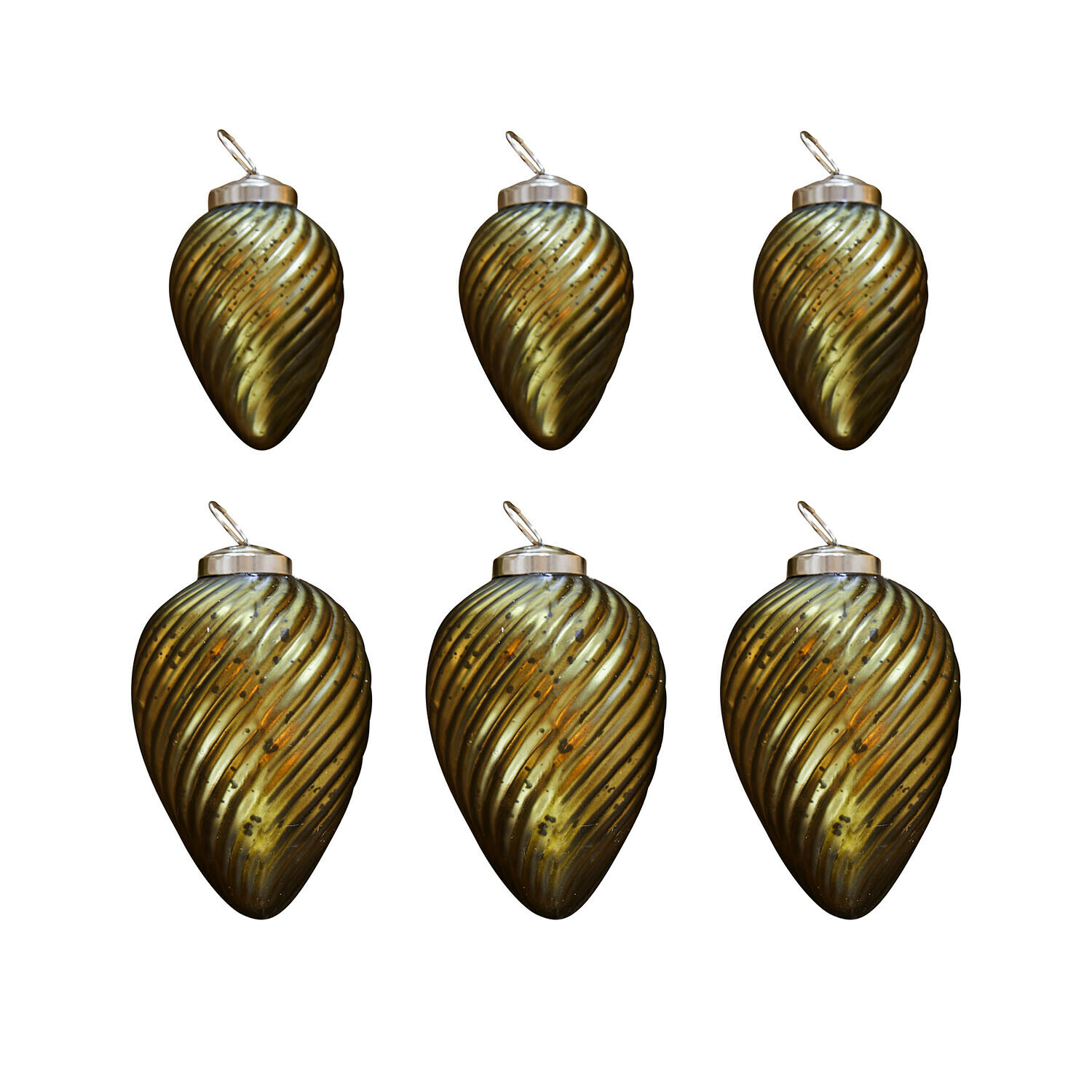 Set di sei palline di Natale in vetro verde con motivo a spirale e gancio metallico