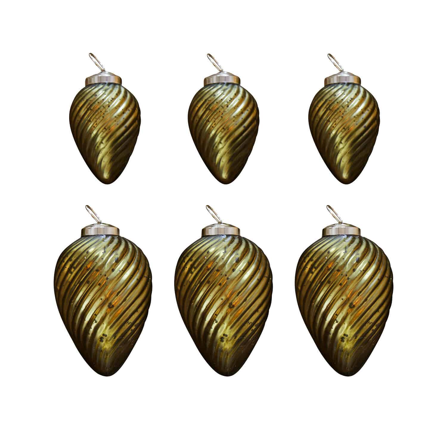Set di 6 decorazioni natalizie Salema Set di sei palline di Natale in vetro verde con motivo a spirale e gancio metallico