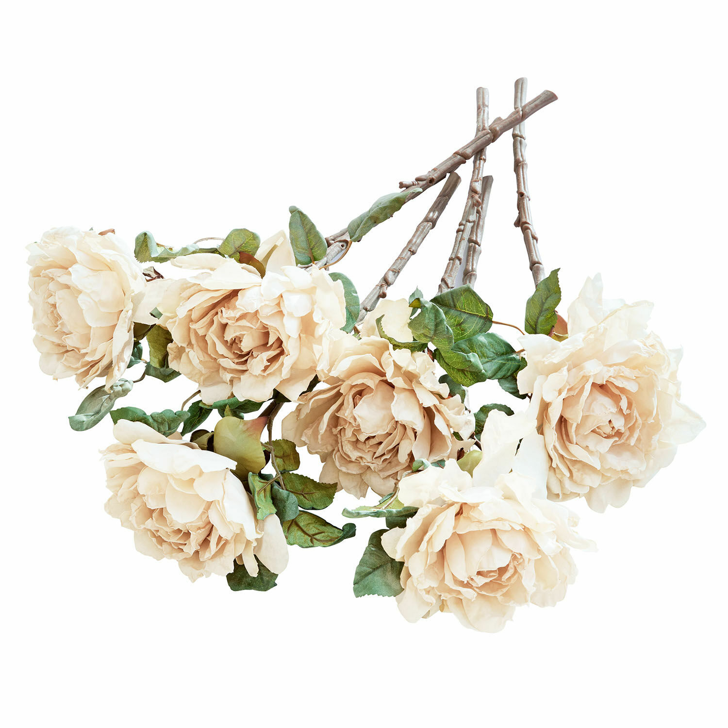 crema Set di 6 fiori decorativi Mervix crema con foglie verdi e steli marroni
