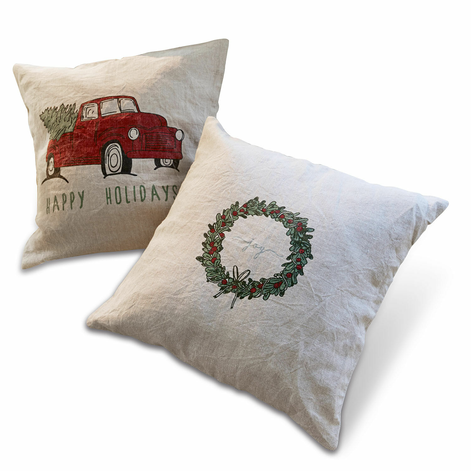 Coppia di copricuscini Camon Cuscini in lino con motivi natalizi, camioncino rosso e corona verde, decorazione festiva