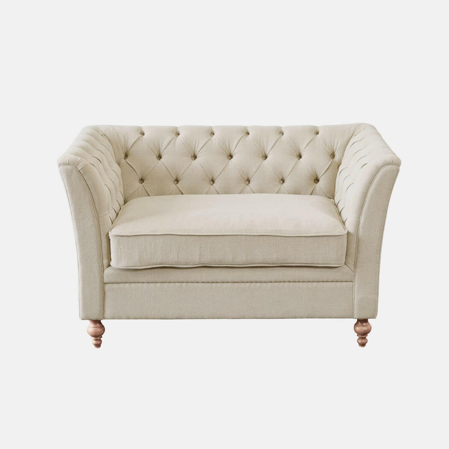 Divano beige in tessuto con schienale capitonné e gambe in legno, mobile elegante per soggiorno
