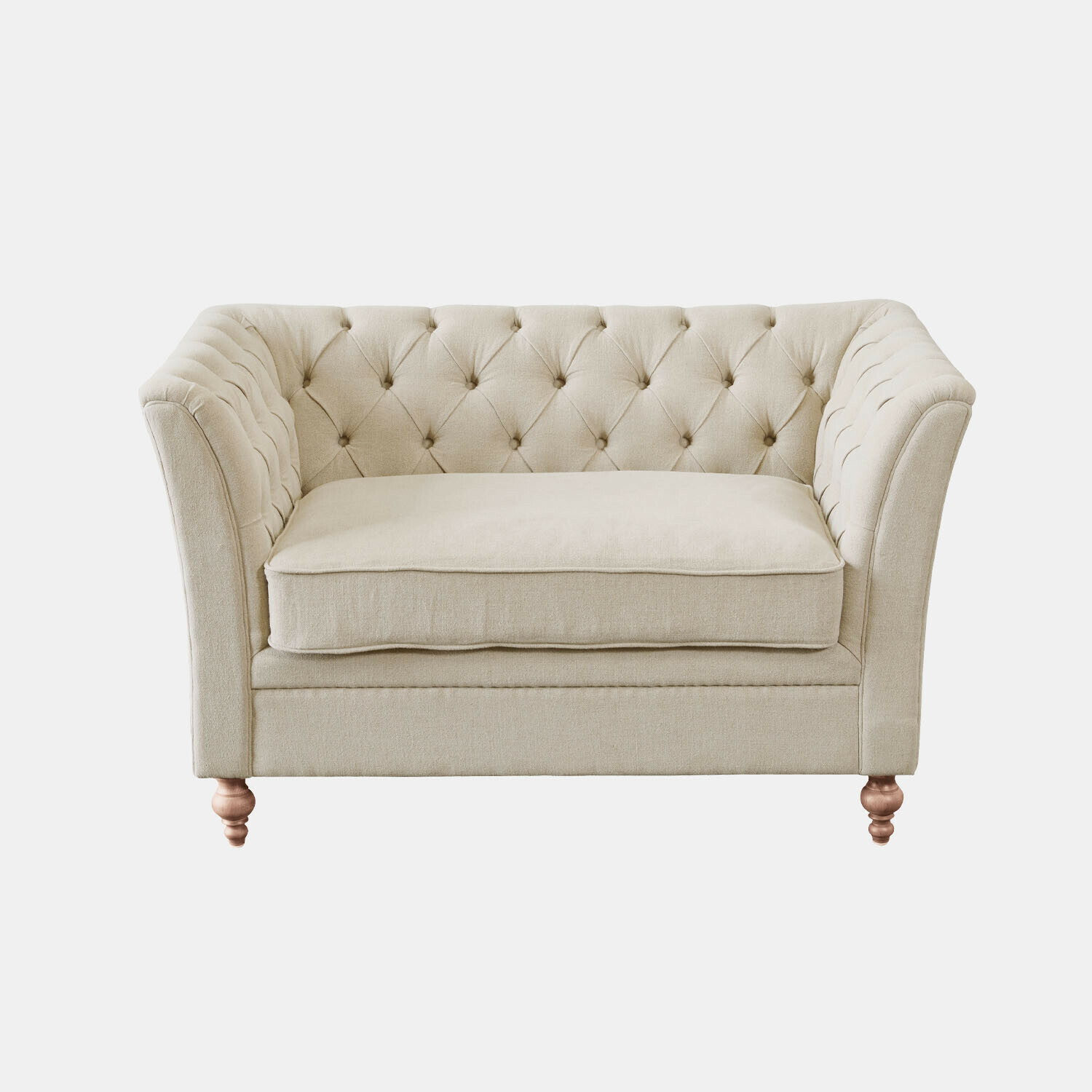 beige Divano beige in tessuto con schienale capitonné e gambe in legno, mobile elegante per soggiorno