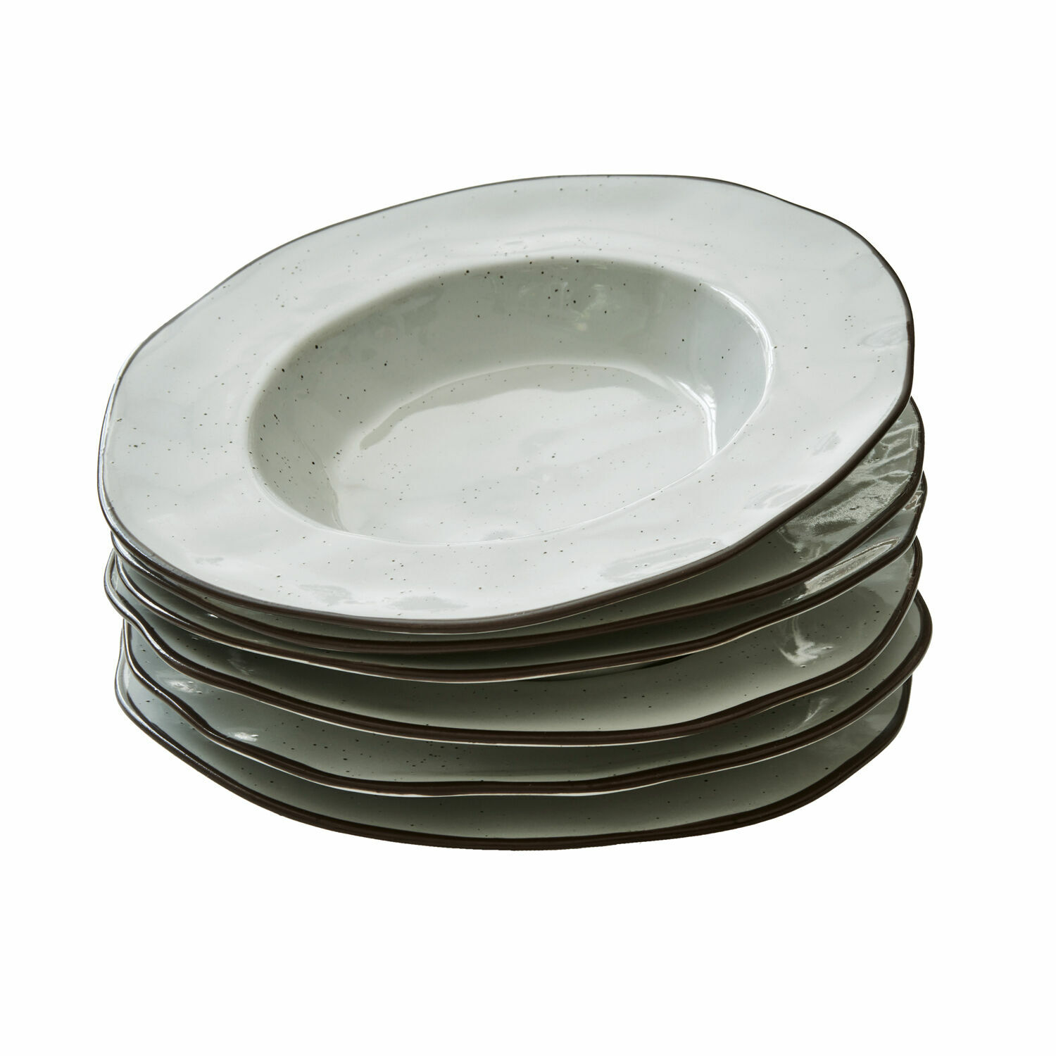 Servizio di 6 piatti fondi Biarré Set di sei piatti fondi in ceramica bianca con piccole macchie e bordo marrone