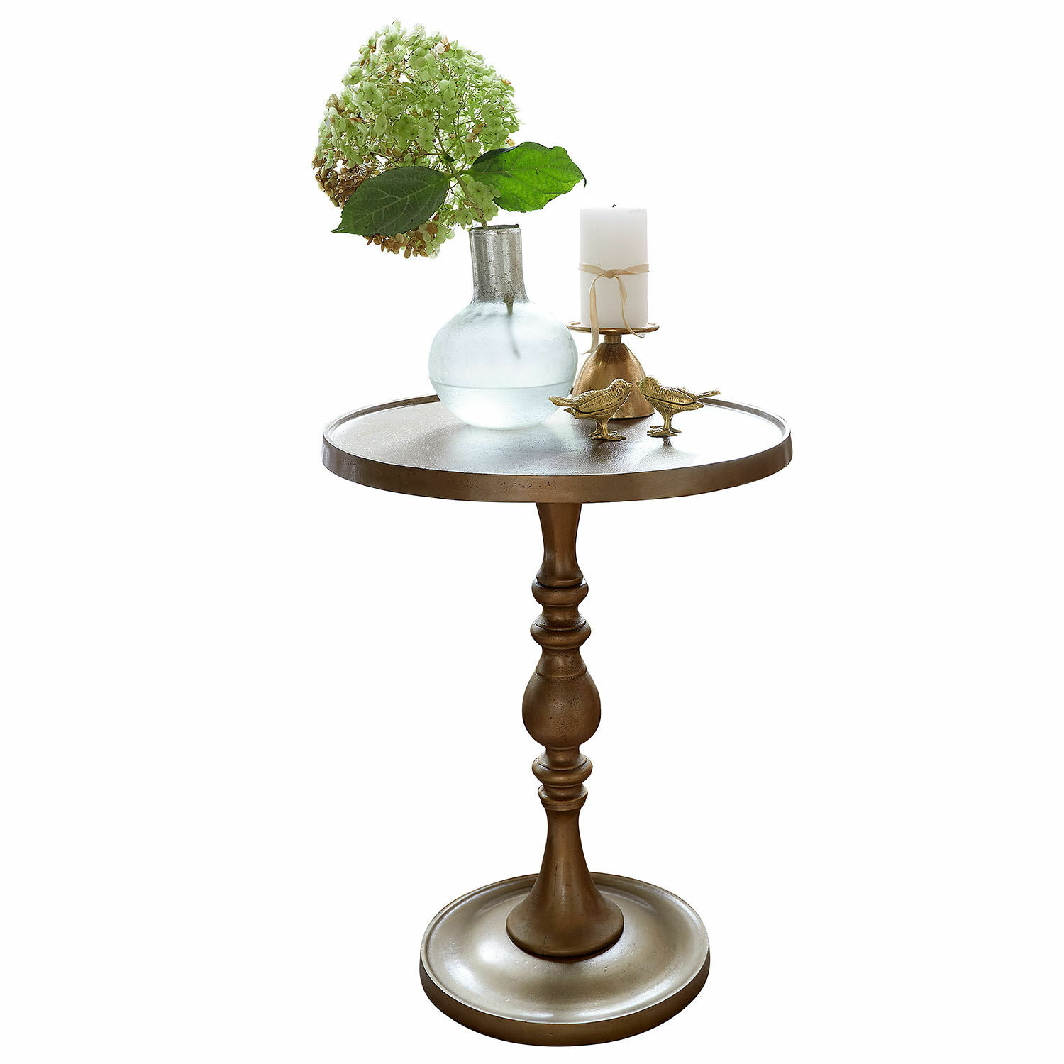 Tavolino di complemento Uralive Tavolino rotondo in metallo color ottone con decorazione di candela e vaso di vetro con fiore