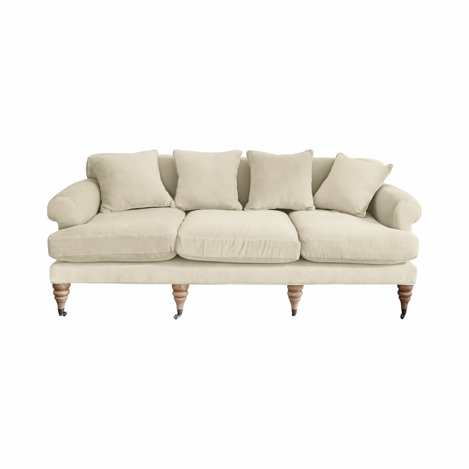 beige Divano beige Kazimir in tessuto morbido con cuscini e gambe in legno, mobile confortevole per soggiorno
