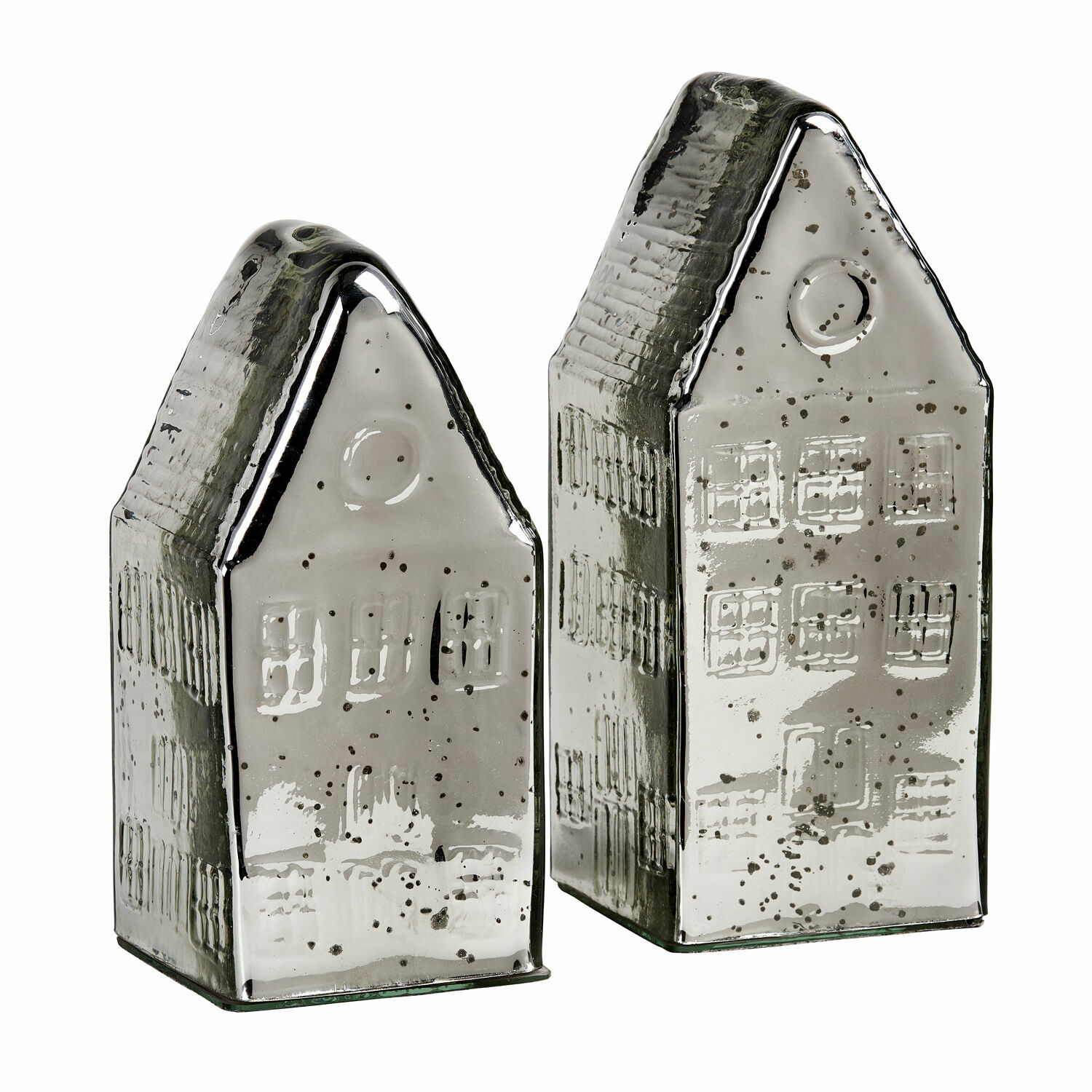 Coppia di casette decorative Langridge Due decorazioni a forma di casa in ceramica argento lucido, accessorio per interni e regalo