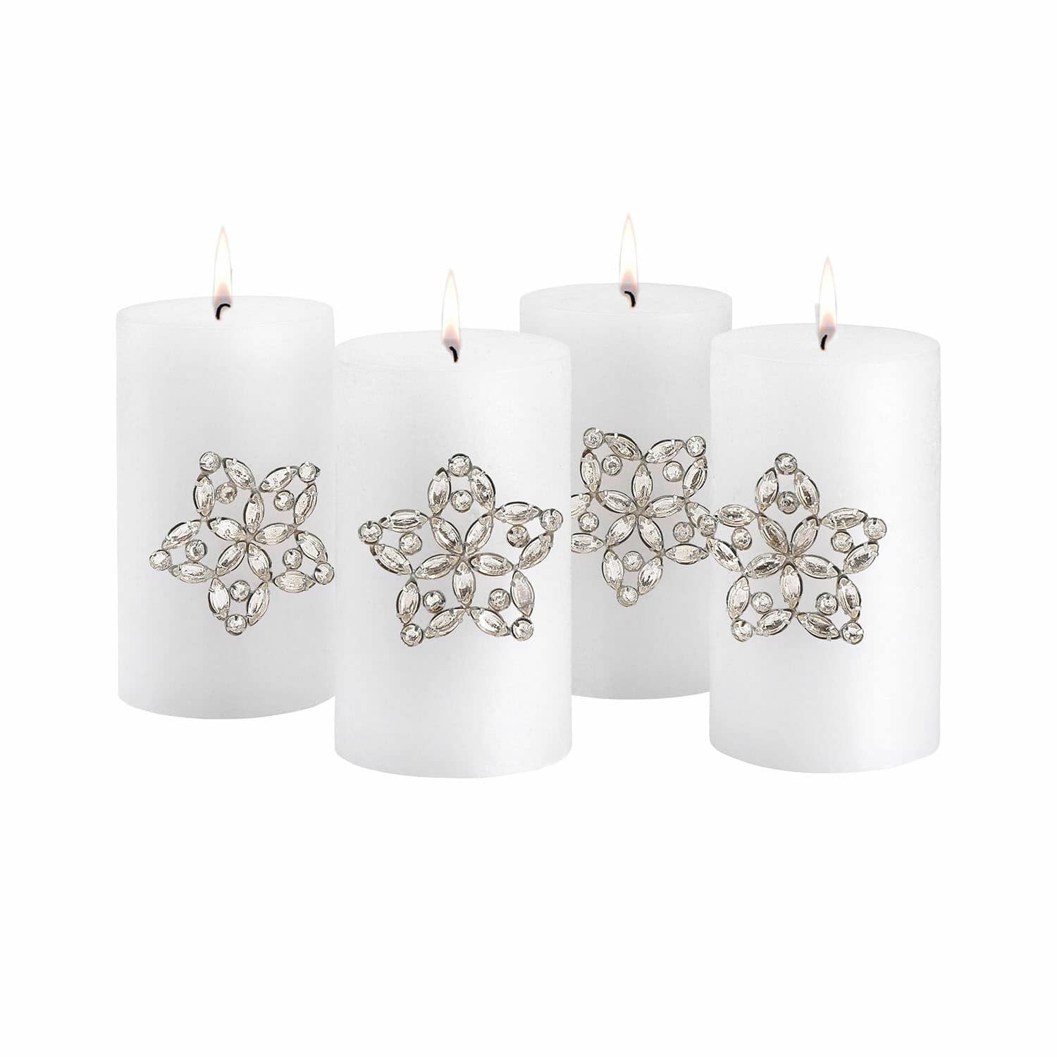 Set di 4 spillette Custer Set di quattro candele bianche con stelle di cristallo argentato per decorazione d'interni