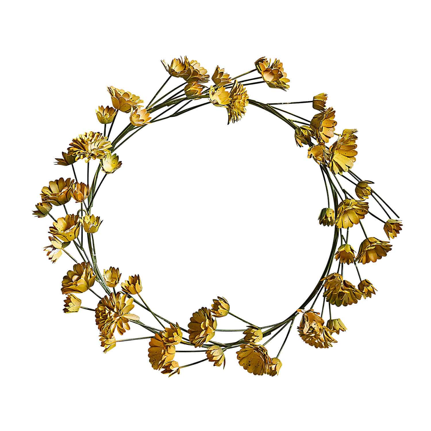 Corona decorativa in metallo con fiori gialli per decorazione da parete o porta