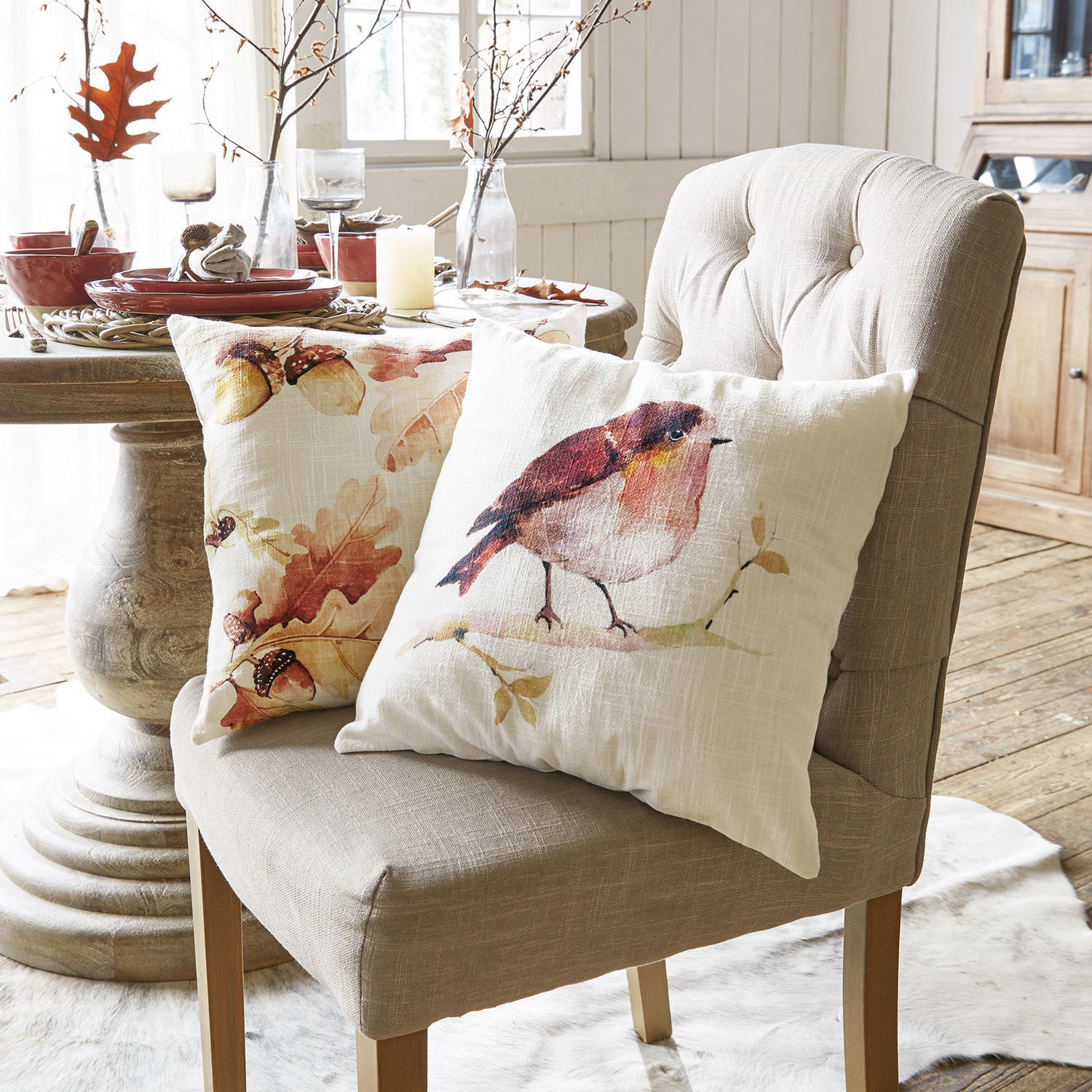 Coppia di copricuscini Lovece Cuscini decorativi in cotone crema con stampa di uccello e foglie, stile rustico accogliente