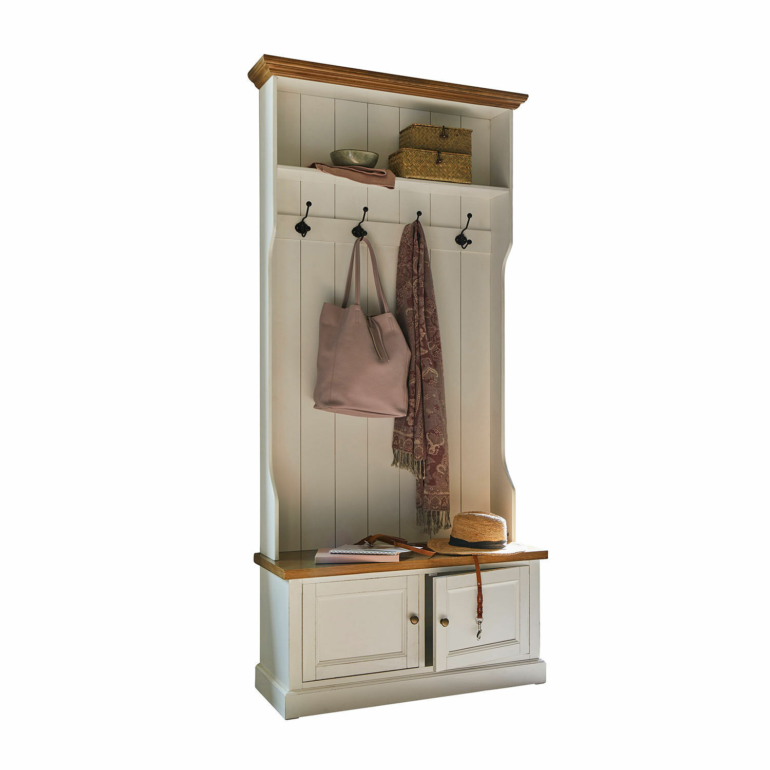 Mobile per ingresso Colchester Mobile in legno bianco con appendini e mensola, piano in legno naturale, mobile ingresso pratico