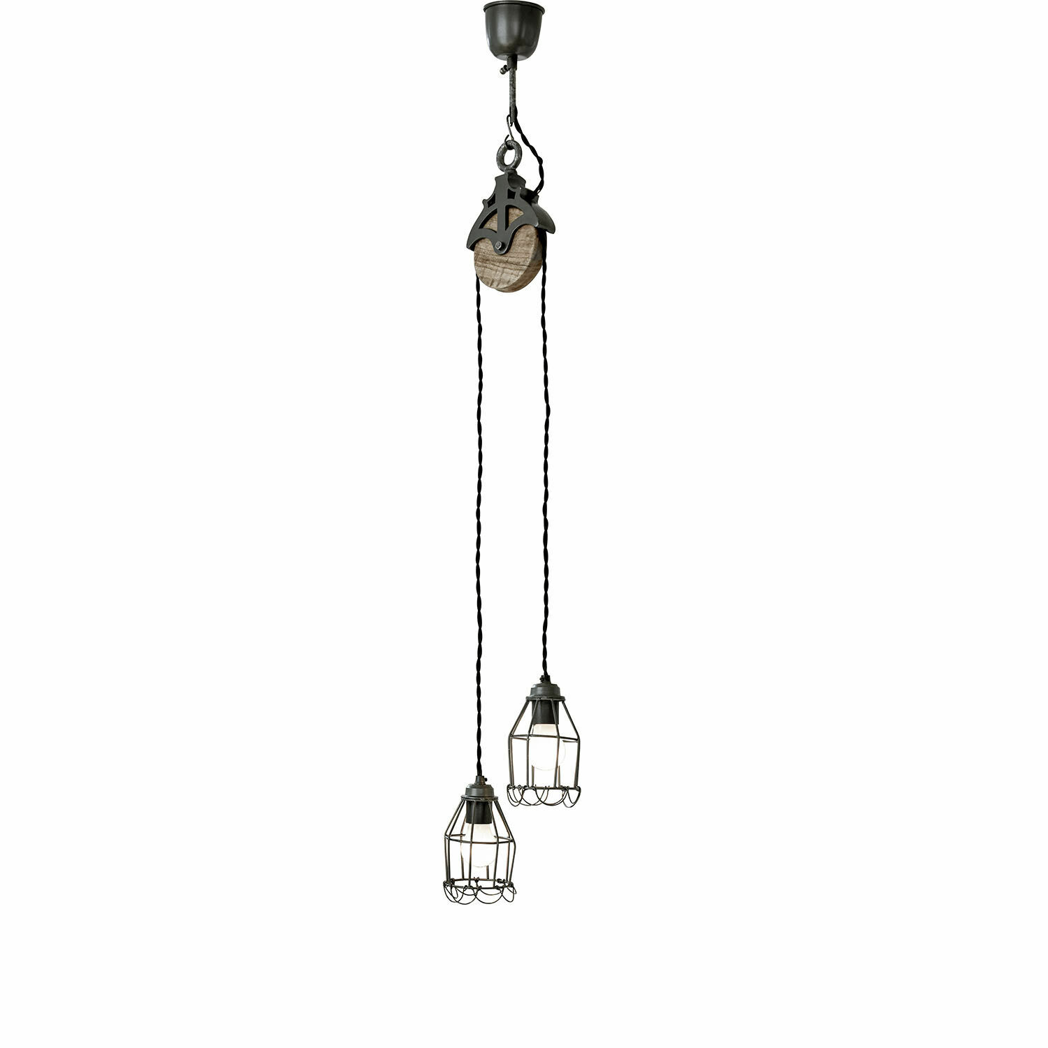 Lampada a soffitto Trevici Lampada a sospensione doppia con gabbia metallica nera ed elemento in legno per interni in stile industriale