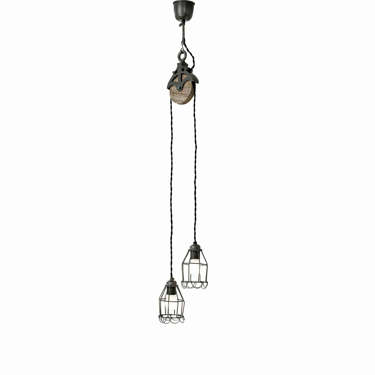 Lampada a soffitto Trevici Lampada a sospensione doppia con gabbia metallica nera ed elemento in legno per interni in stile industriale