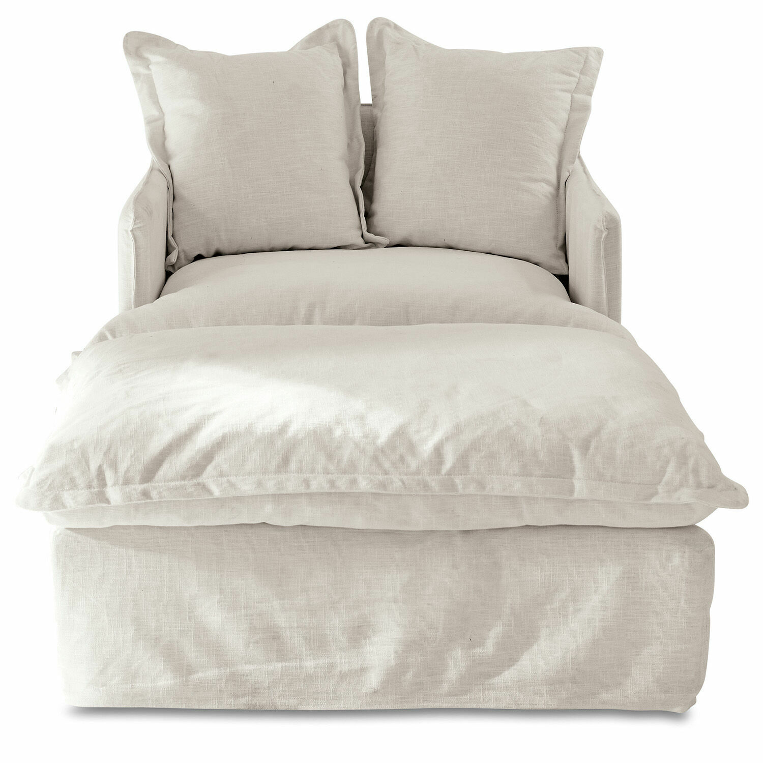 Poltrona con poggiapiedi Avignon Divano beige in lino con due cuscini, mobile confortevole per soggiorno, materiale naturale e colore chiaro