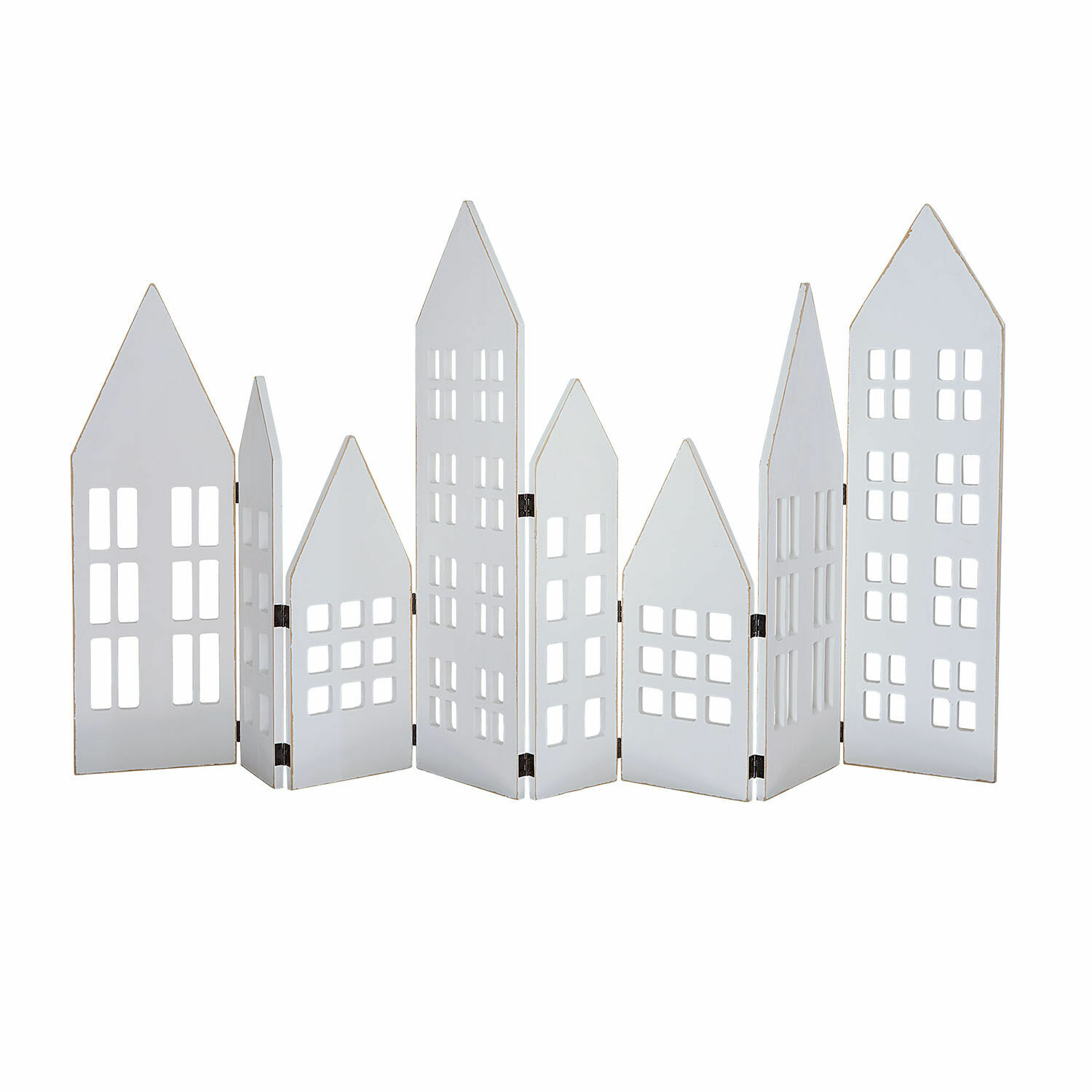 Fila di casette Cottages Paravento decorativo in legno bianco a forma di case con finestre ritagliate, decorazione per interni